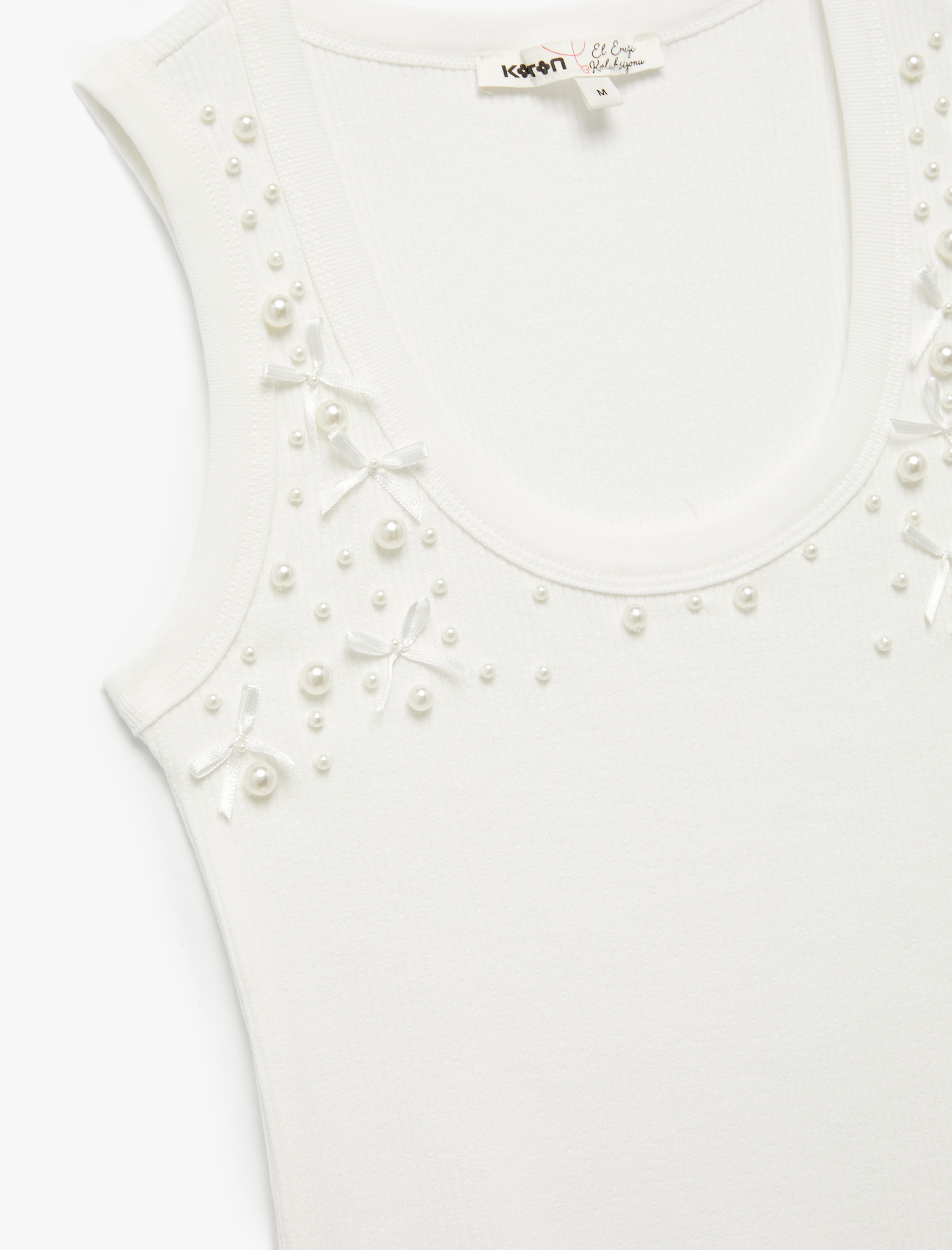   Pamuklu Slim Fit İnci İşleme Detaylı Fiyonklu U Yaka Atlet