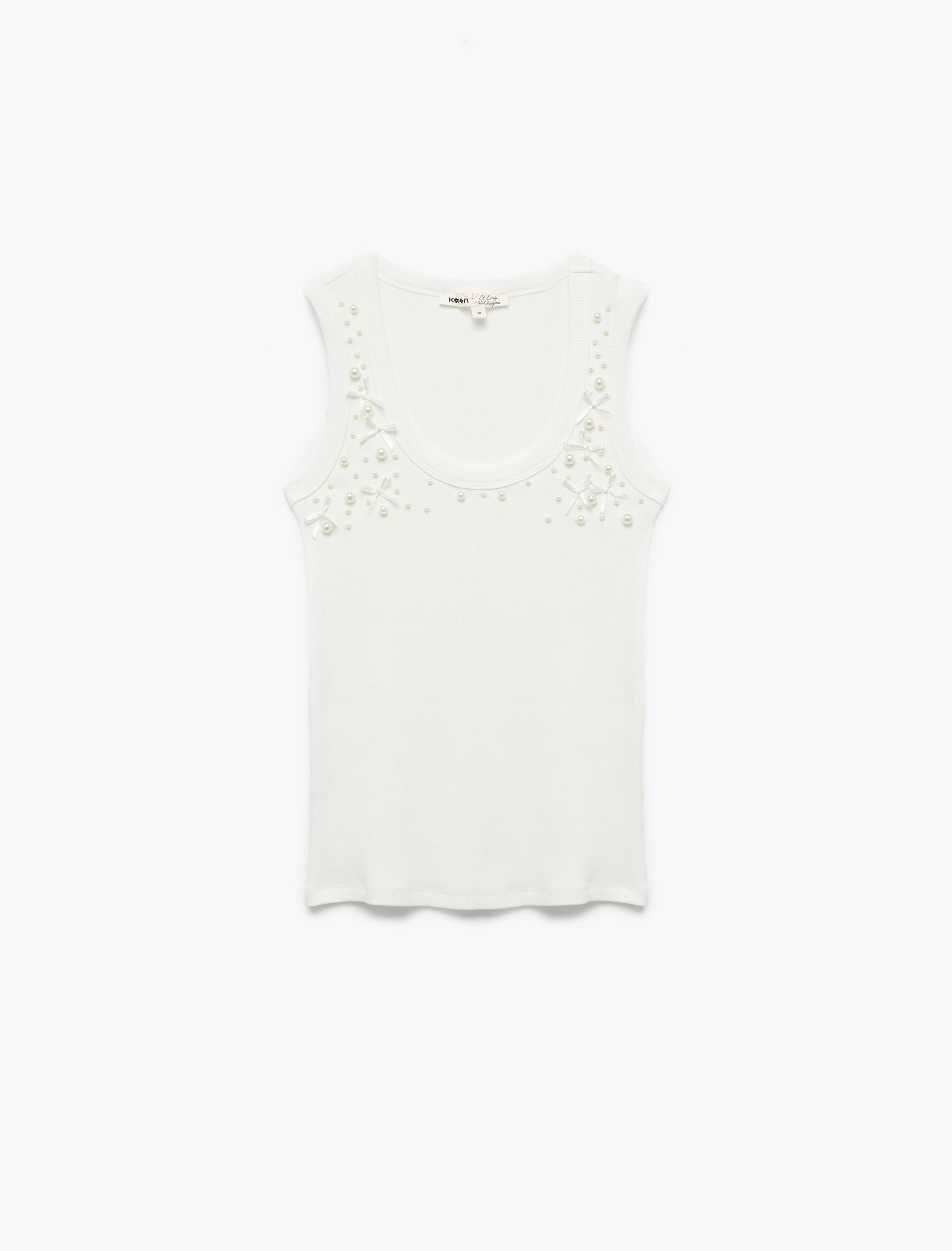   Pamuklu Slim Fit İnci İşleme Detaylı Fiyonklu U Yaka Atlet