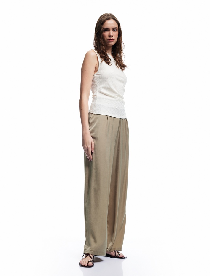  Aerobin Kumaş Cepli Pileli Geniş Paça Saten Palazzo Pantolon