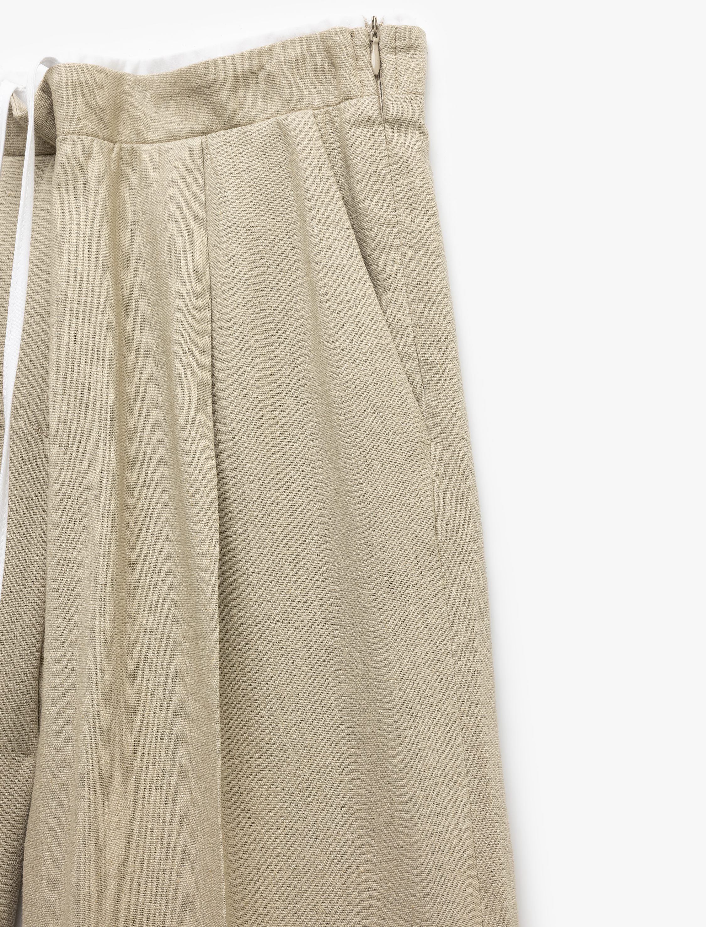   Çift Bel Detaylı Bağlamalı Cepli Düz Geniş Paça Keten Pantolon