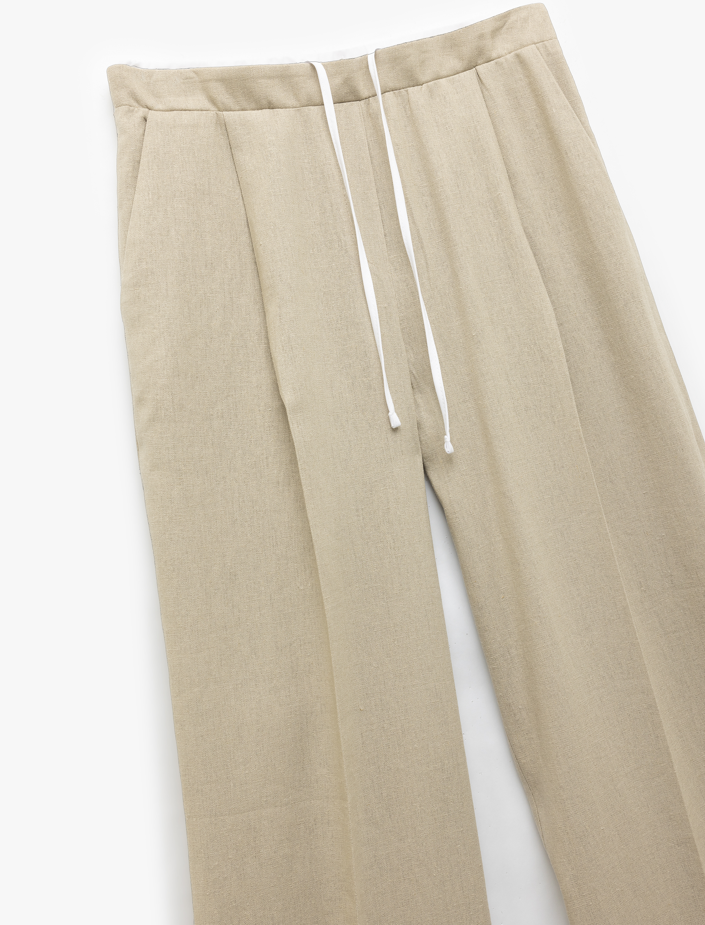   Çift Bel Detaylı Bağlamalı Cepli Düz Geniş Paça Keten Pantolon