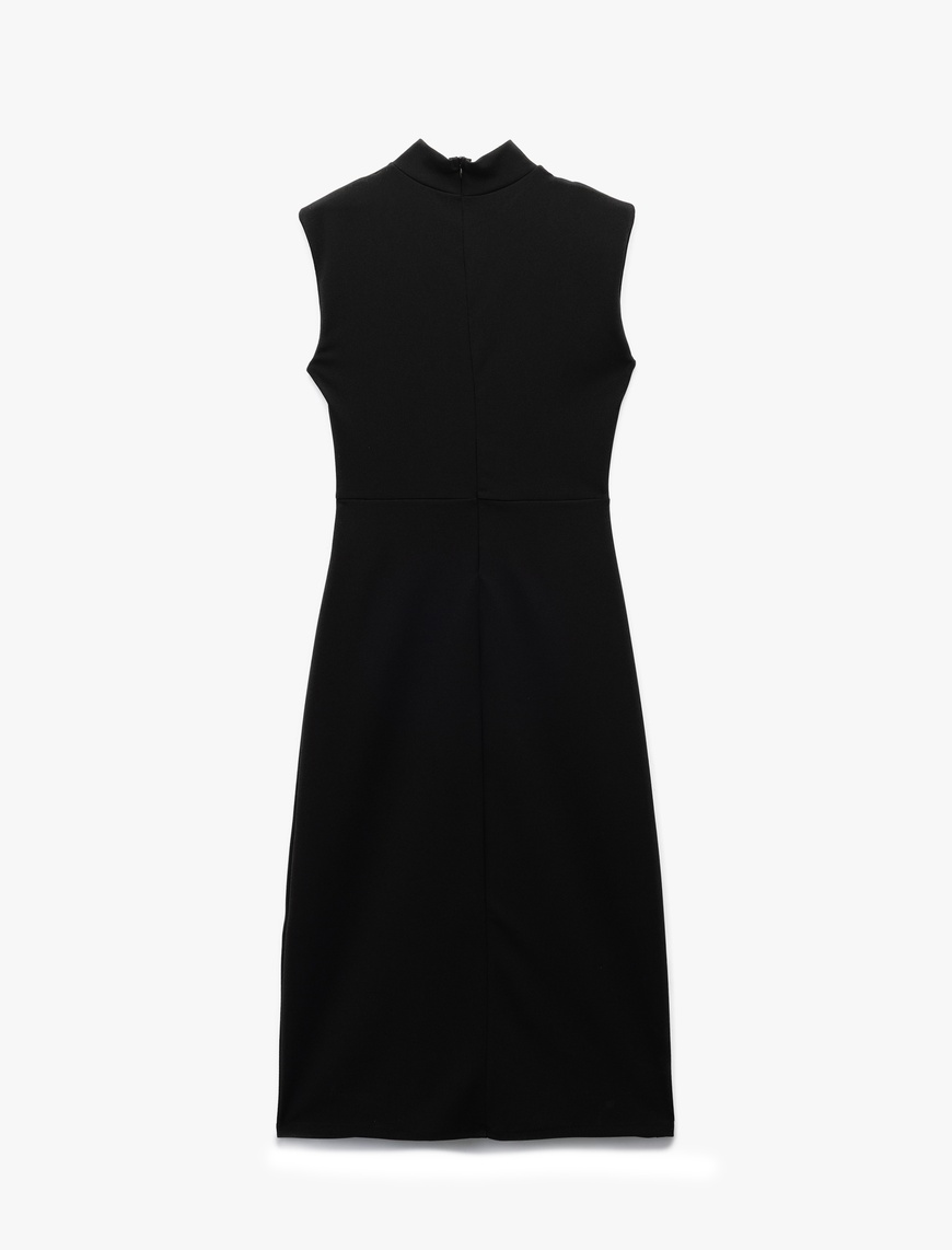   Scuba Krep Kumaş Slim Fit Dik Yaka Midi Boy Kolsuz Elbise