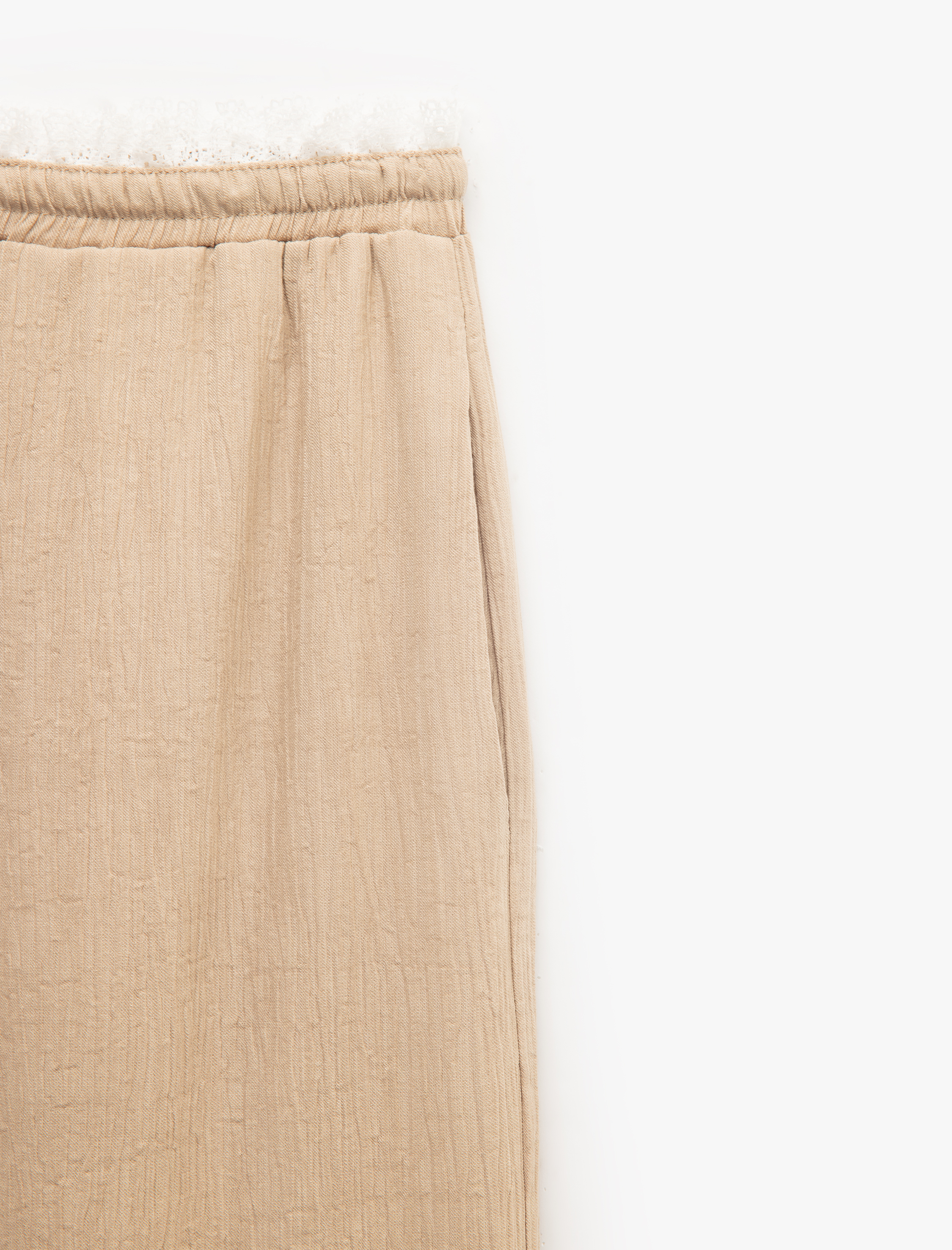   Viskon Kumaş Beli Lastikli Bağlamalı Cepli Düz Bol Paça Pantolon