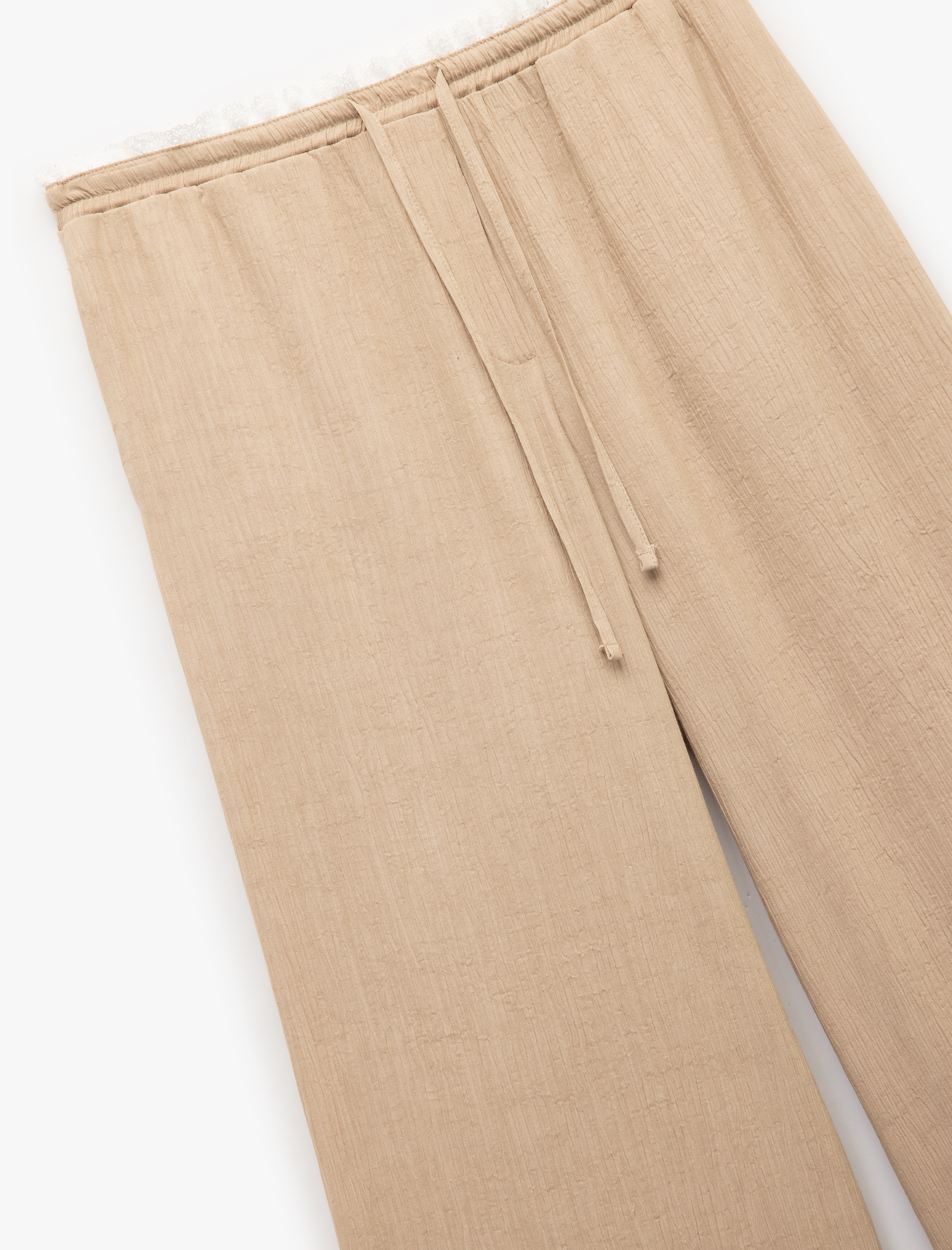   Viskon Kumaş Beli Lastikli Bağlamalı Cepli Düz Bol Paça Pantolon