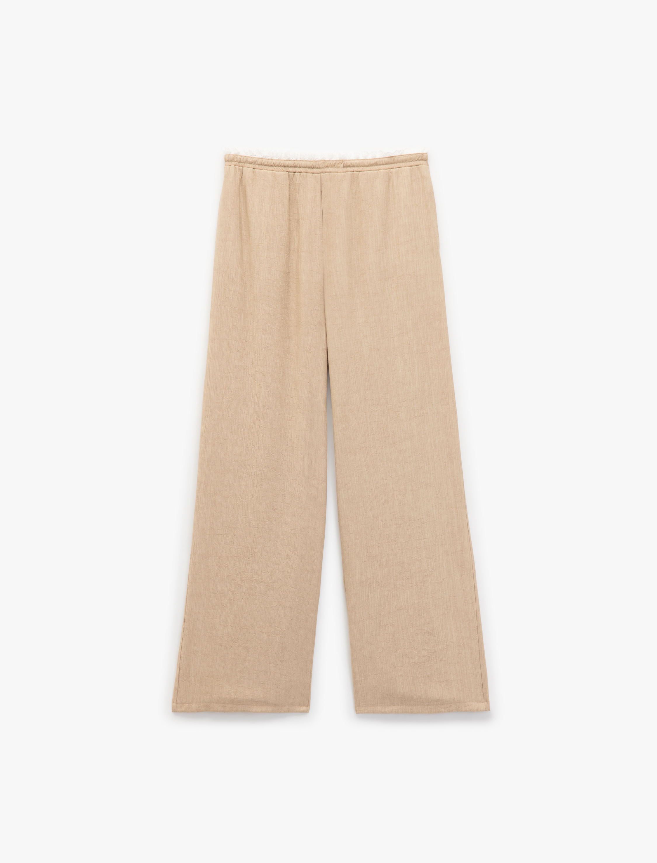   Viskon Kumaş Beli Lastikli Bağlamalı Cepli Düz Bol Paça Pantolon