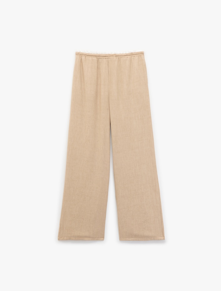  Viskon Kumaş Beli Lastikli Bağlamalı Cepli Düz Bol Paça Pantolon