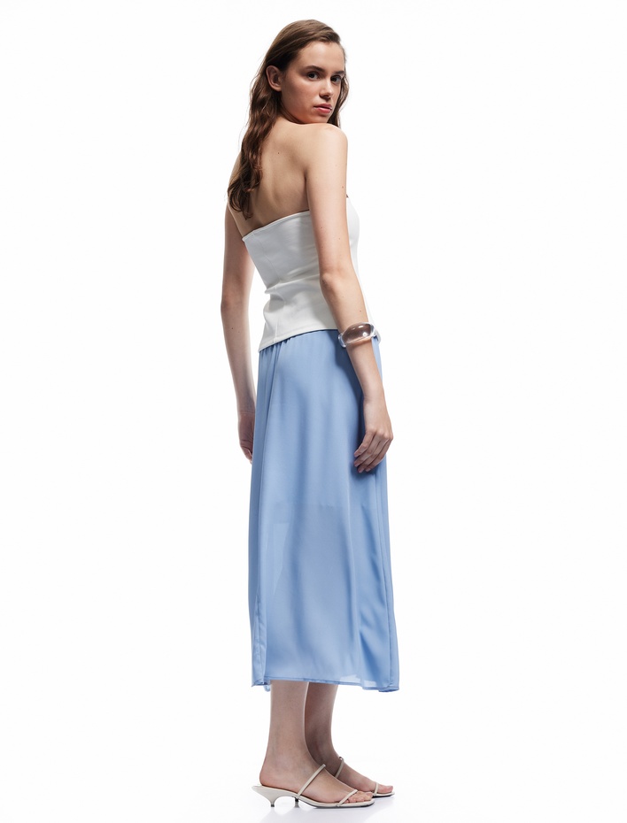  Krep Kumaş Astarlı Beli Lastikli Bağlamalı Midi Kloş Etek