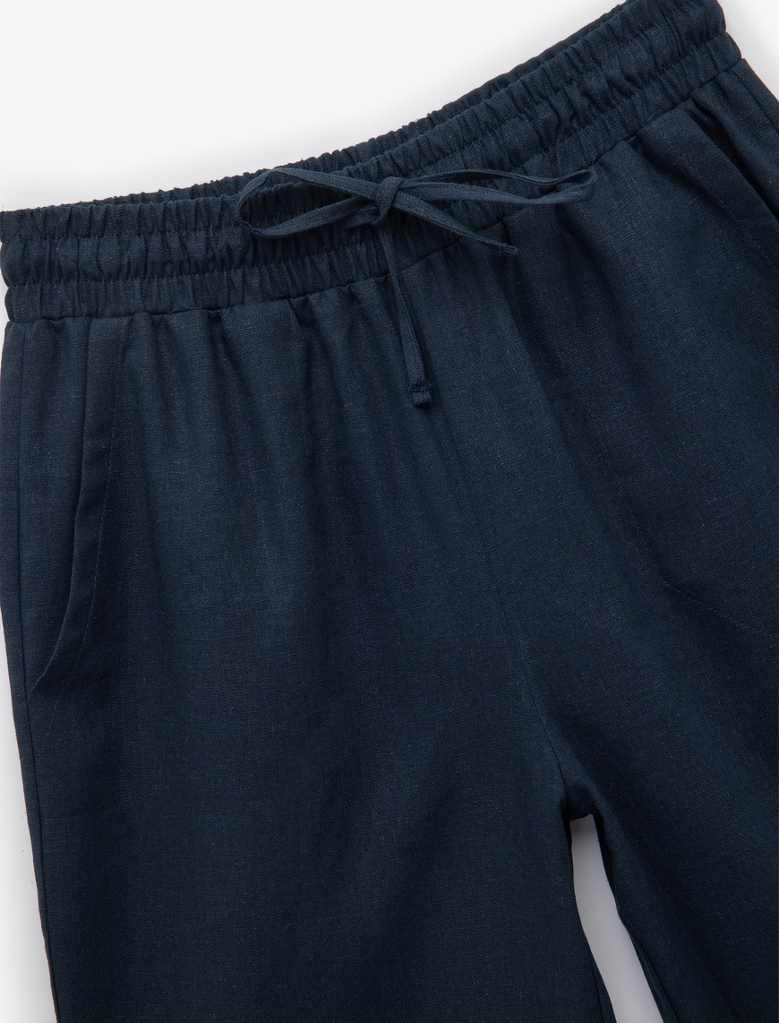   Beli Bağlamalı Lastikli Cepli Keten Pantolon