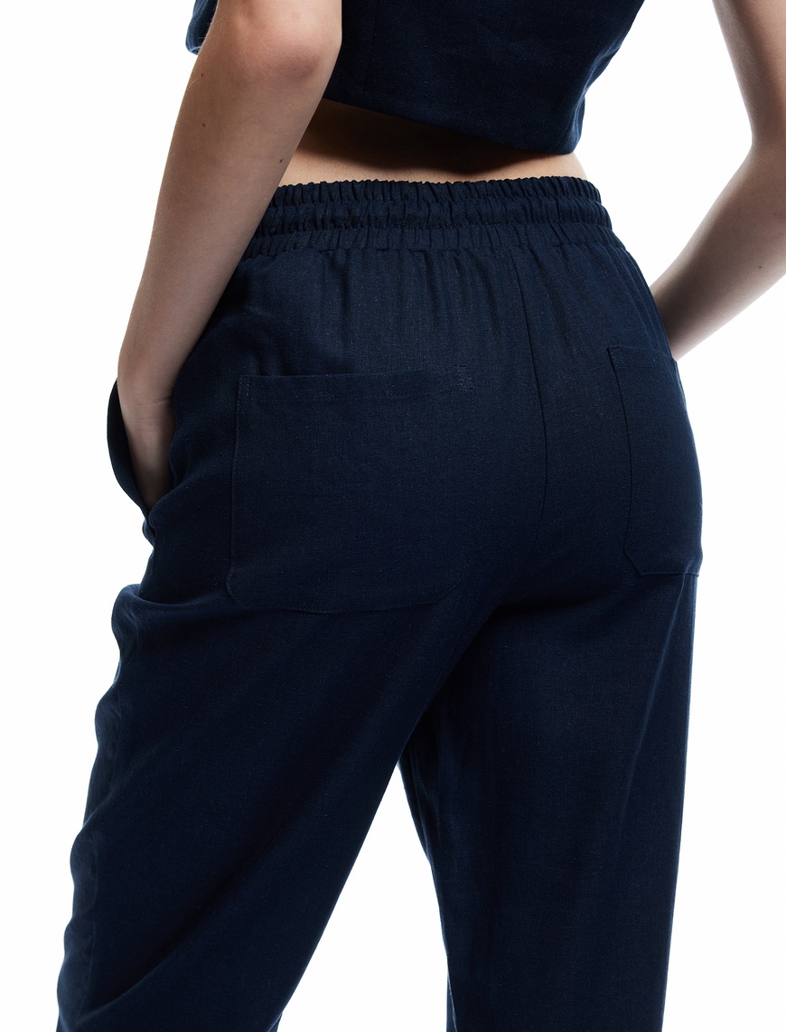   Beli Bağlamalı Lastikli Cepli Keten Pantolon