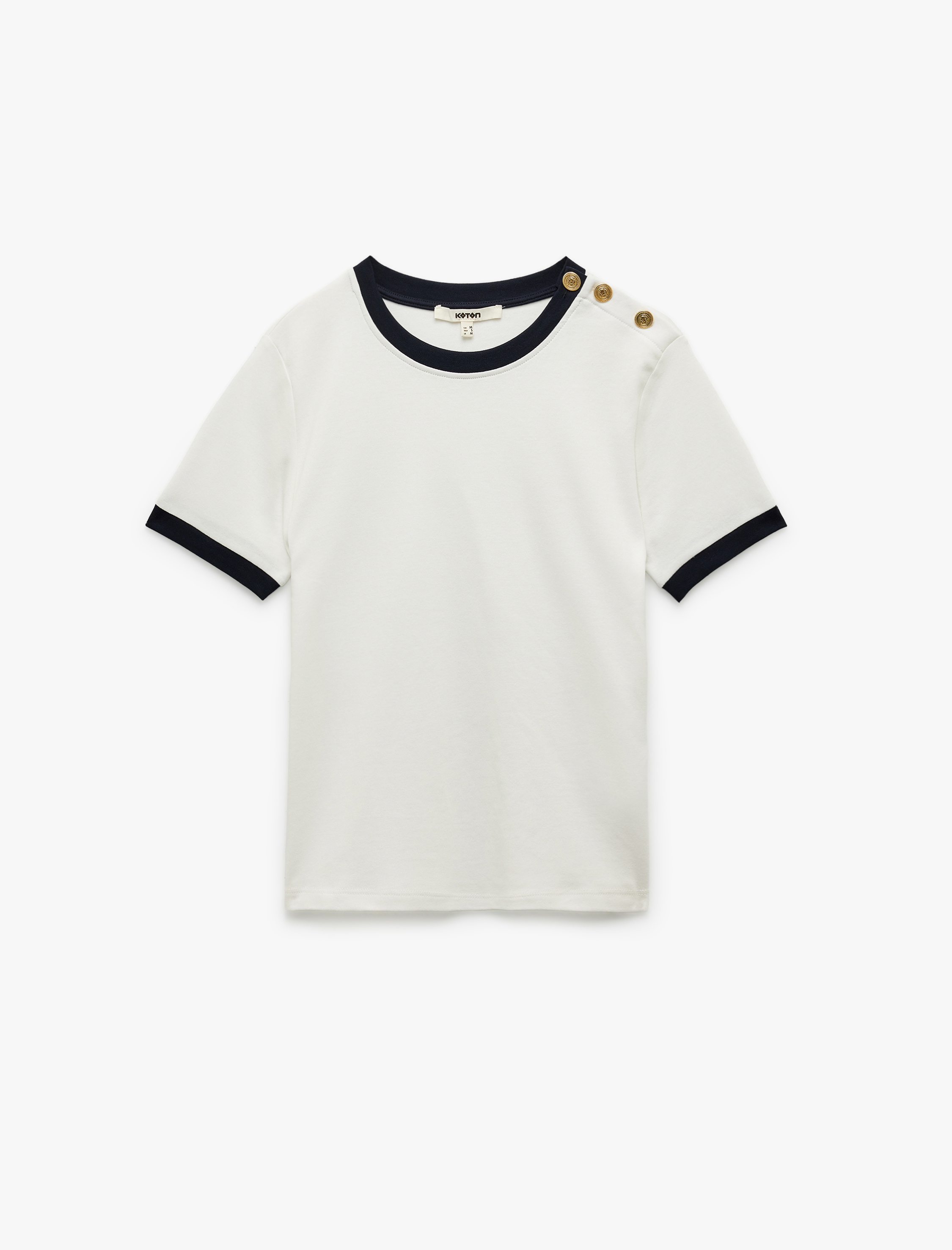   Pamuklu Kontrastlı Düğme Detaylı Bisiklet Yaka Kısa Kollu Tişört