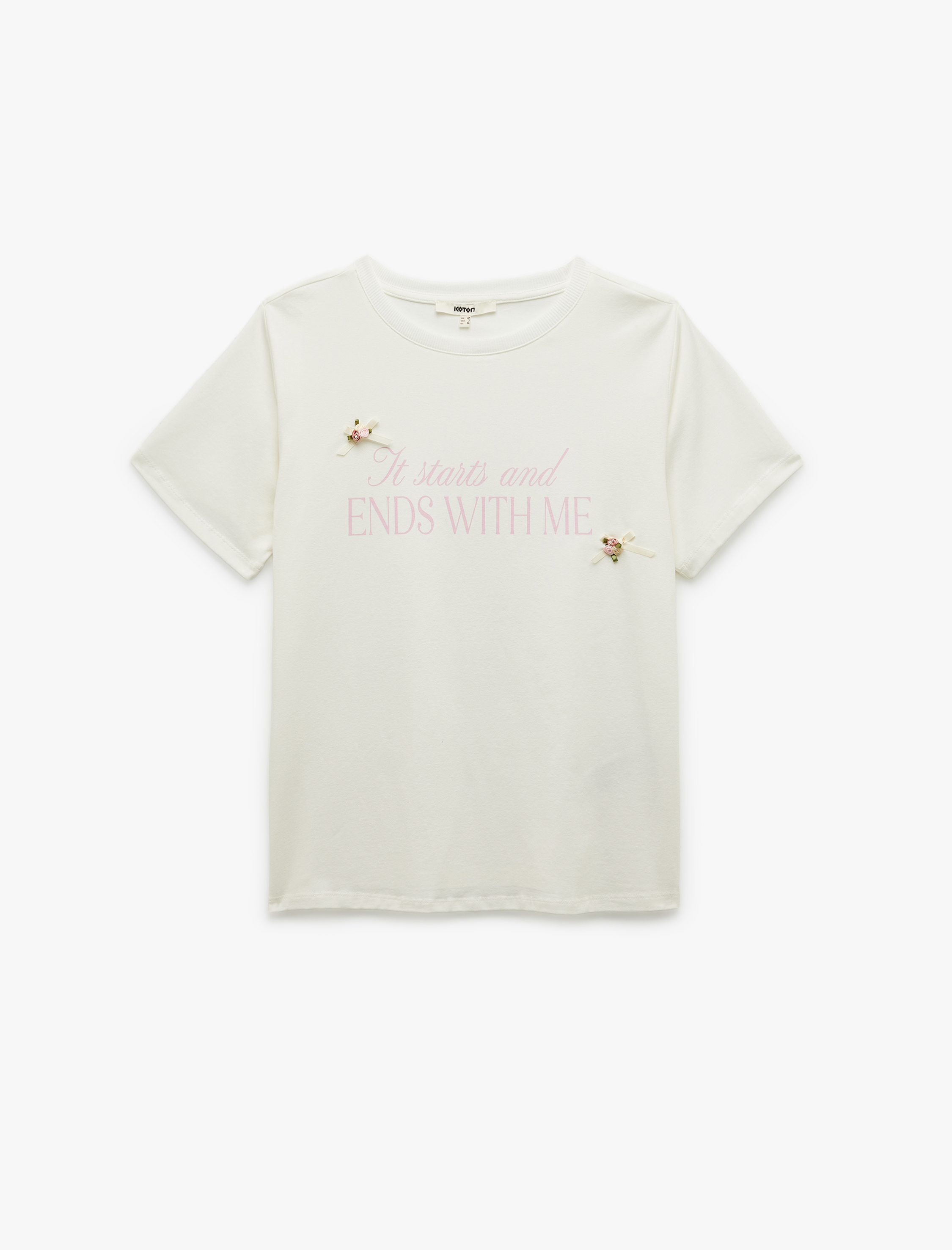   Pamuklu Kısa Kollu Bisiklet Yaka Fiyonk Detaylı Baskılı Tişört