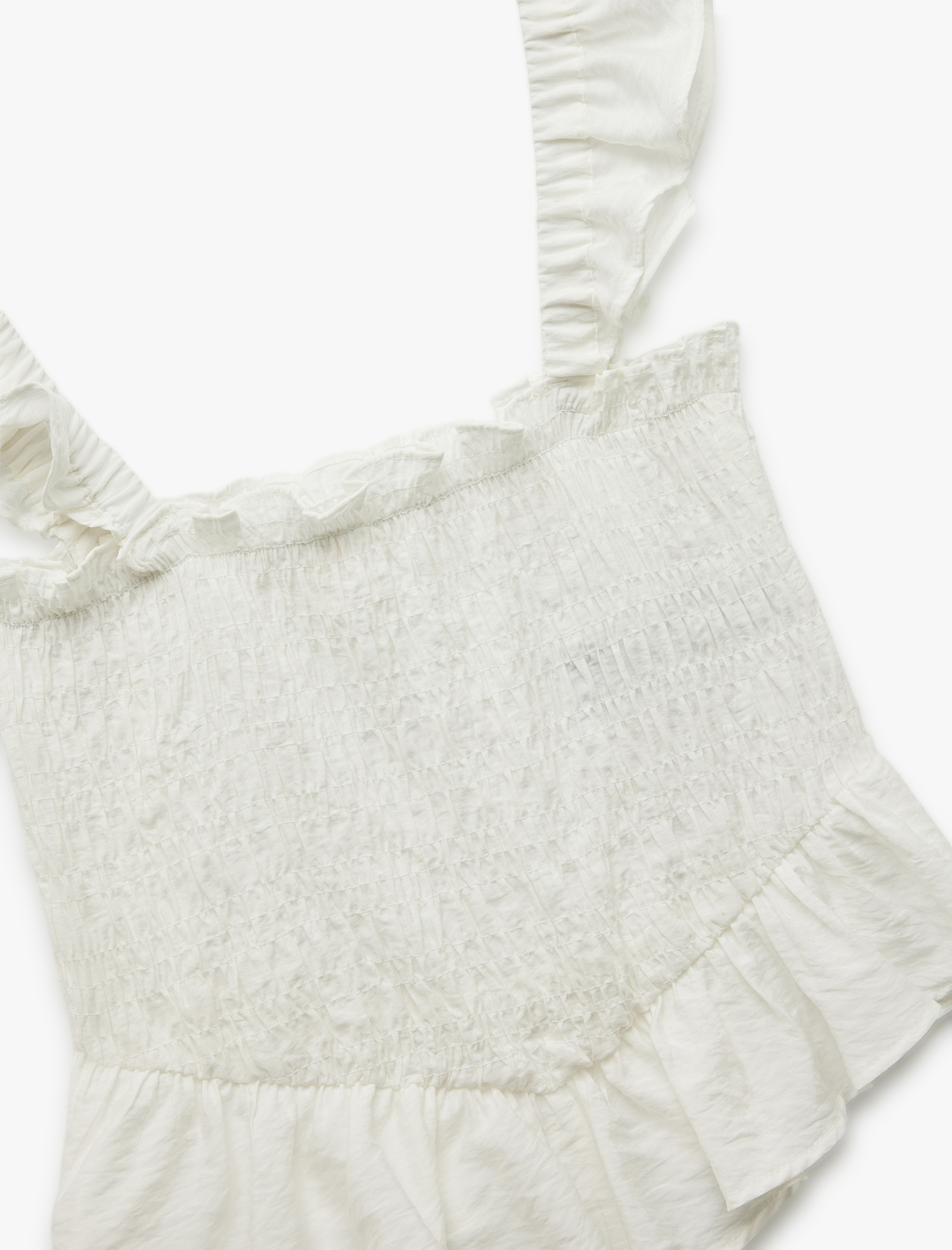   Viskon Kumaş Gipeli Dokulu Kare Yaka Fırfırlı Askılı Crop Bluz