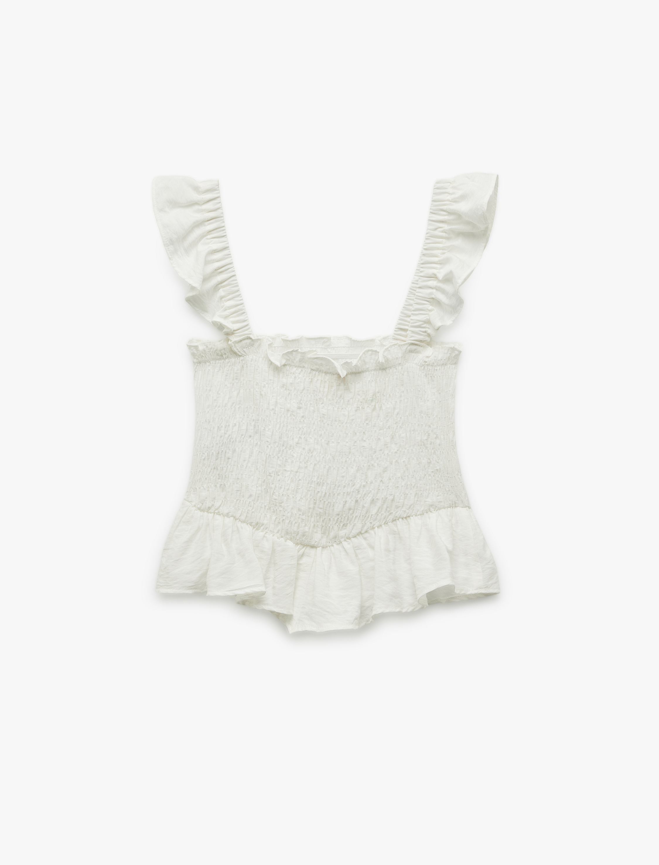   Viskon Kumaş Gipeli Dokulu Kare Yaka Fırfırlı Askılı Crop Bluz