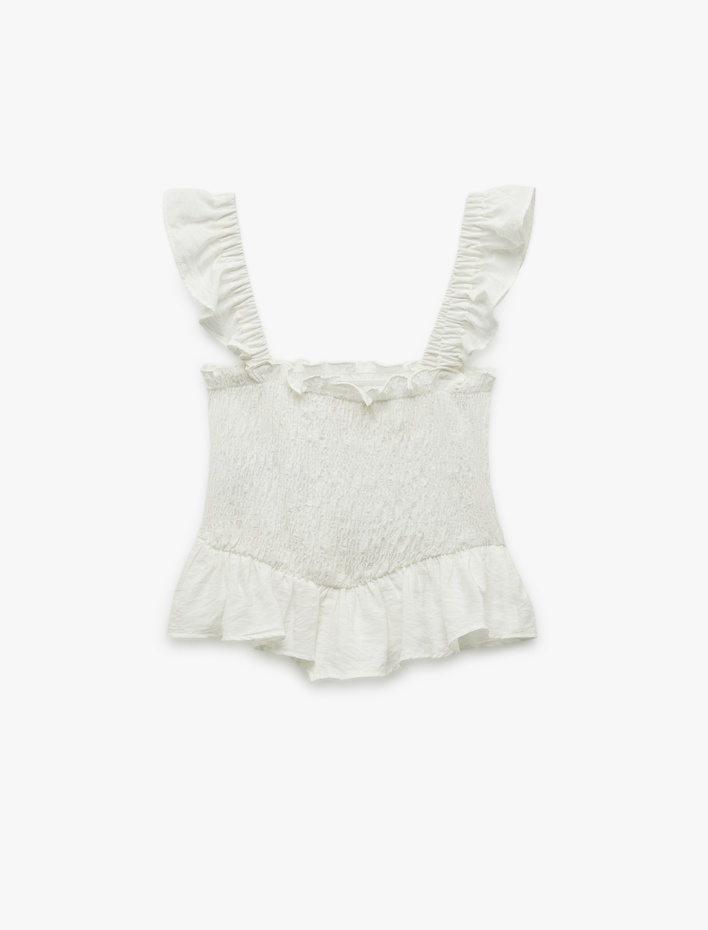  Viskon Kumaş Gipeli Dokulu Kare Yaka Fırfırlı Askılı Crop Bluz