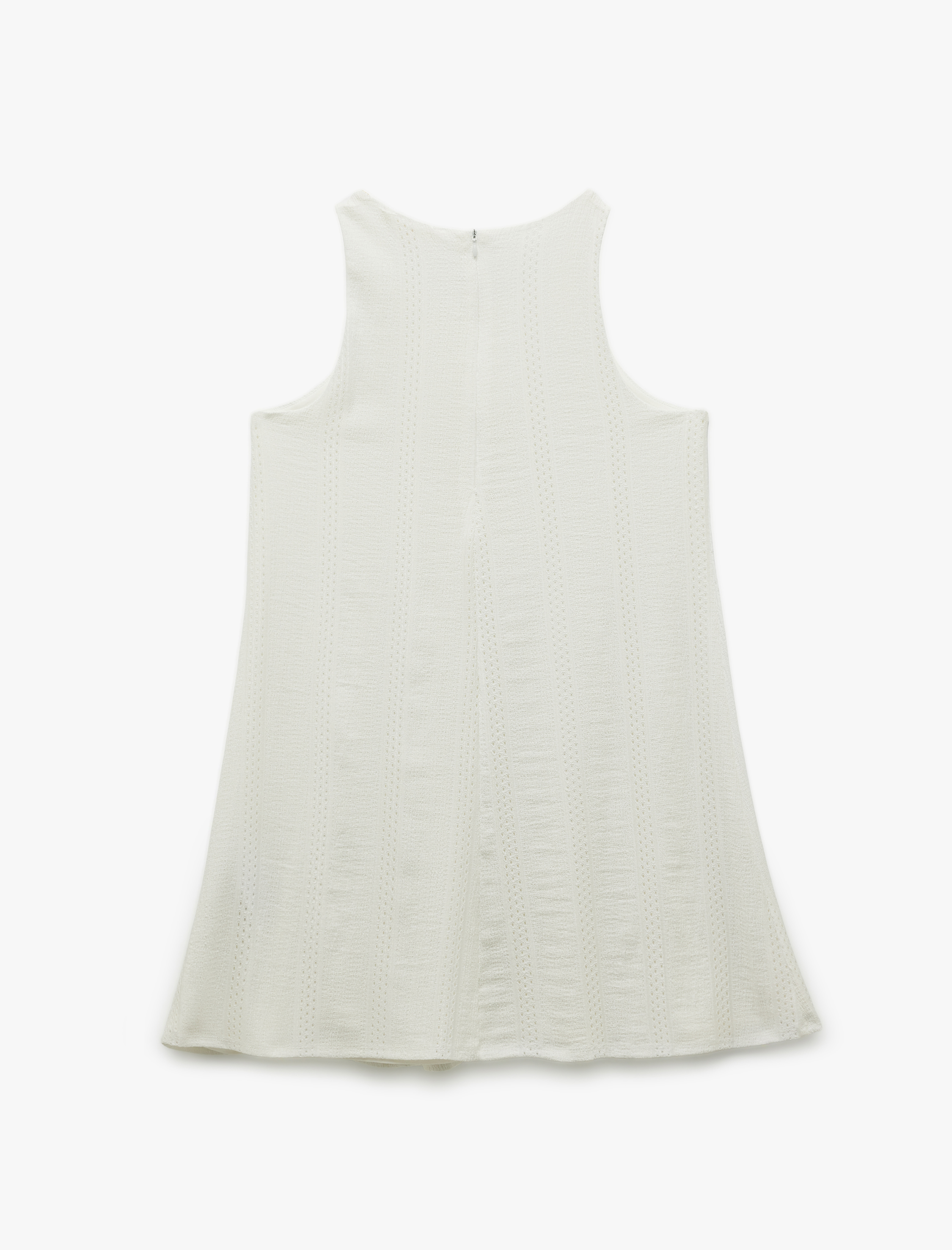   Astarlı Bürümcük Kumaş Brodeli Fistolu U Yaka Kolsuz Mini Elbise