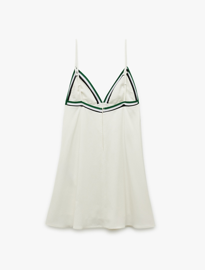  Viskon Keten Karışımlı Astarlı Şerit Detaylı Kalp Yaka İnce Askılı Mini Elbise