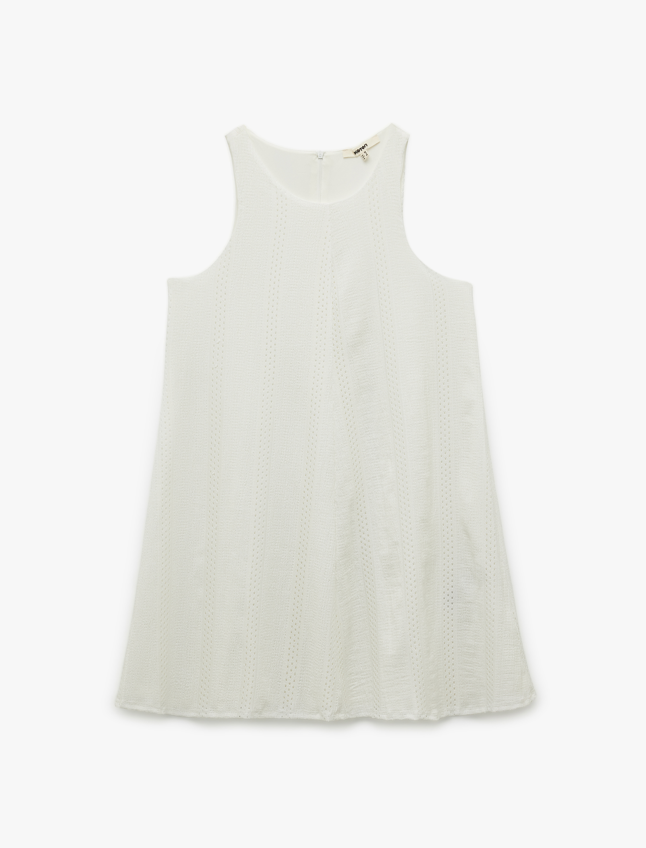   Astarlı Bürümcük Kumaş Brodeli Fistolu U Yaka Kolsuz Mini Elbise