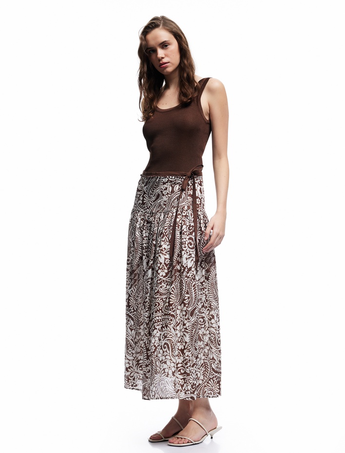  Pamuklu Etnik Desenli Pileli Bağlama Detaylı Boncuklu Midi Boy Kloş Etek