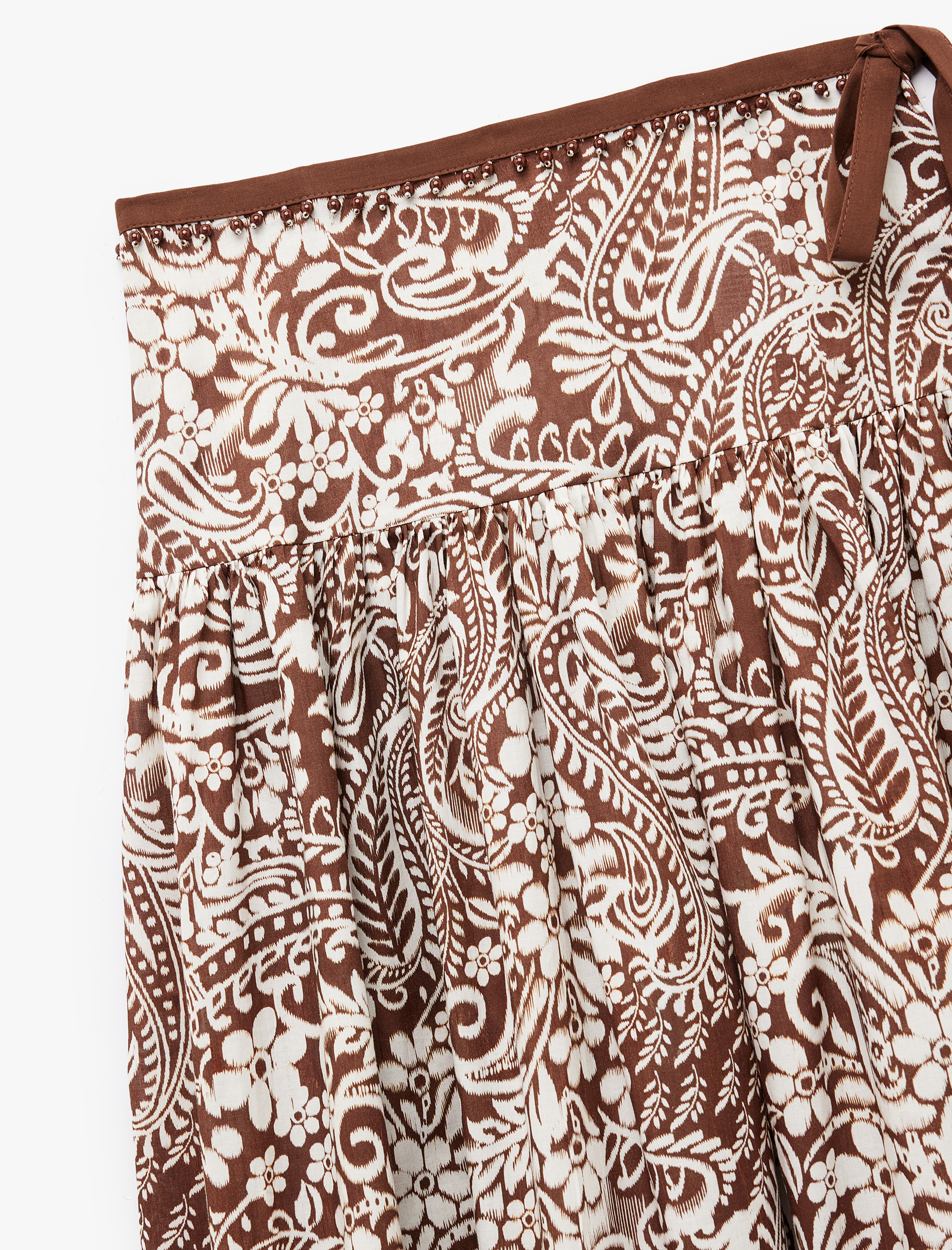   Pamuklu Etnik Desenli Pileli Bağlama Detaylı Boncuklu Midi Boy Kloş Etek