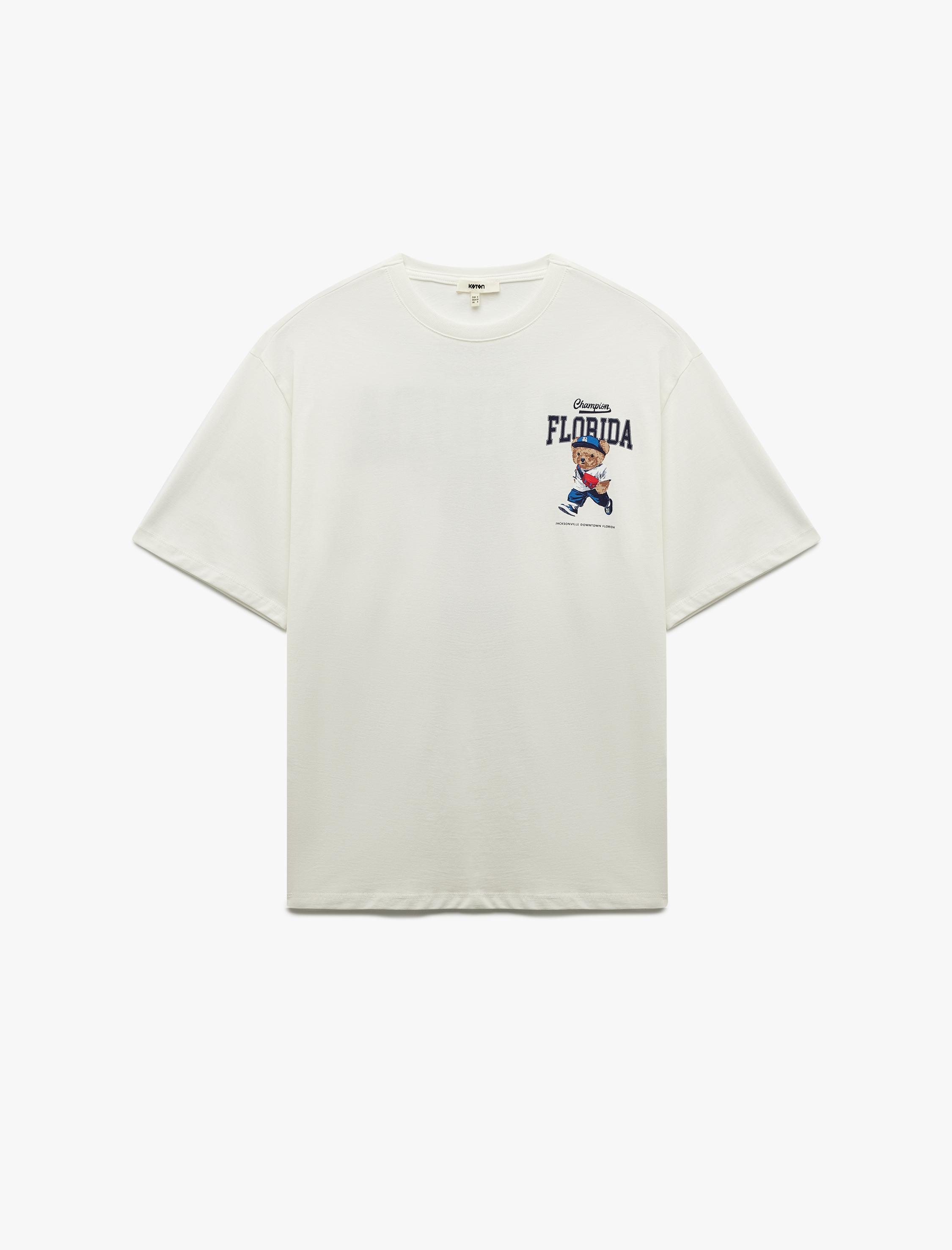   Pamuklu Kısa Kollu Bisiklet Yaka Arkası Ayıcık  Baskılı Tişört