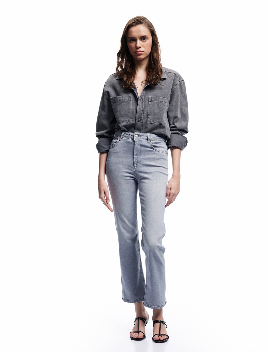   Yüksek Bel Dar Kalıp Düğmeli Cepli İspanyol Paça Crop Jean Pantolon - Flare Jeans