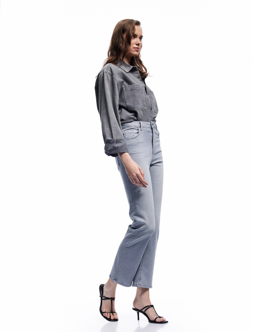   Yüksek Bel Dar Kalıp Düğmeli Cepli İspanyol Paça Crop Jean Pantolon - Flare Jeans