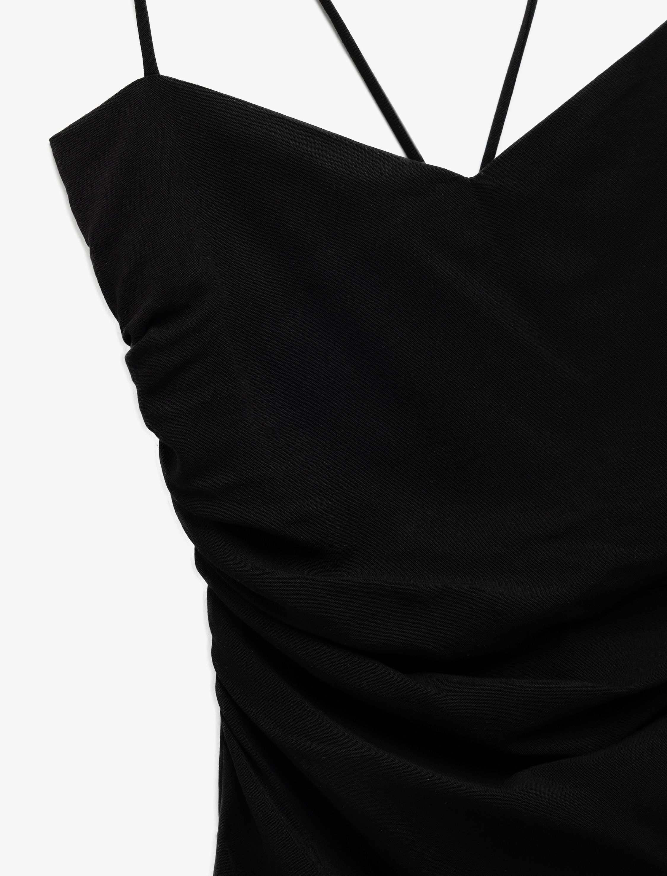   Viskon Keten Karışımlı Slim Fit Drapeli İnce Askılı Mini Elbise