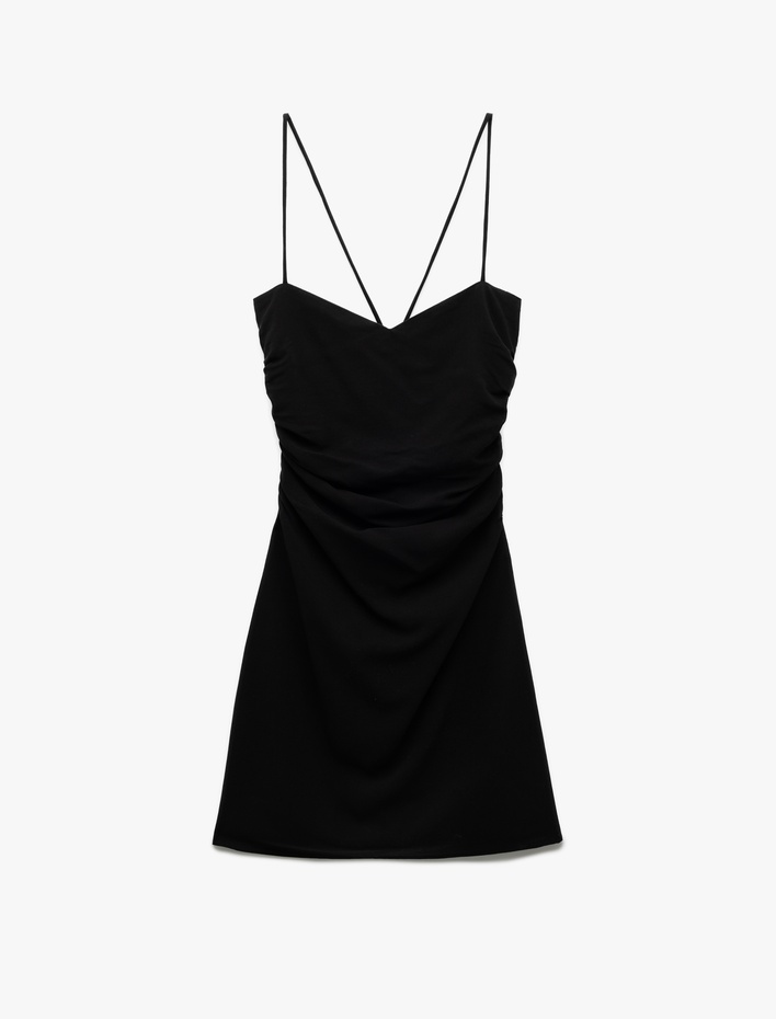  Viskon Keten Karışımlı Slim Fit Drapeli İnce Askılı Mini Elbise