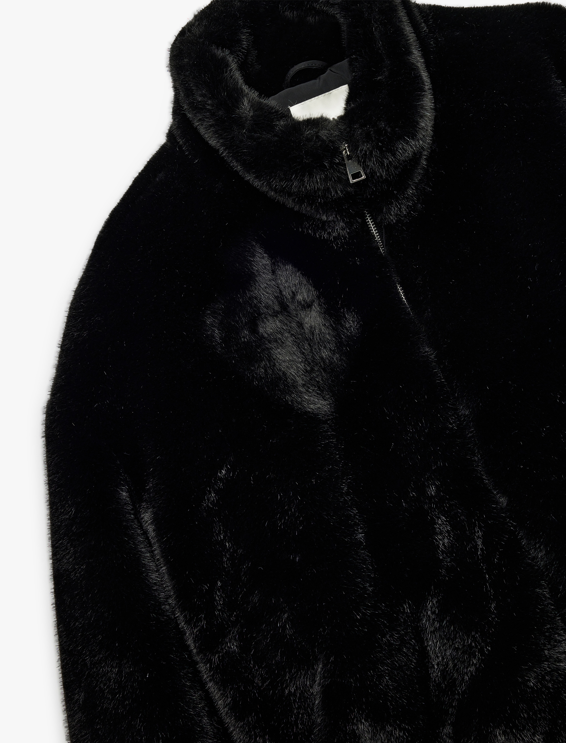   Fermuarlı Dik Yaka Cepli Suni Kürk Peluş Oversize Crop Mont