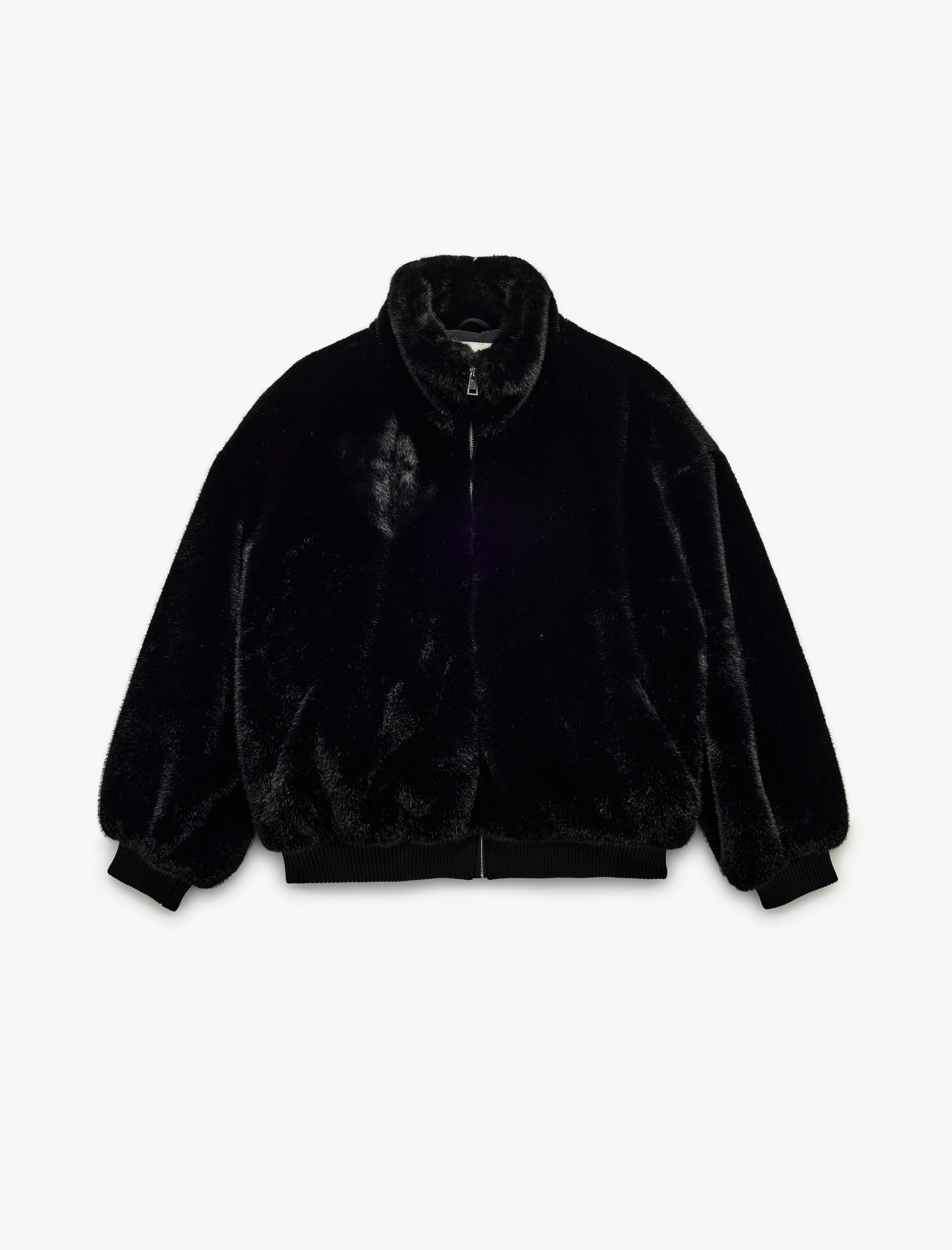   Fermuarlı Dik Yaka Cepli Suni Kürk Peluş Oversize Crop Mont