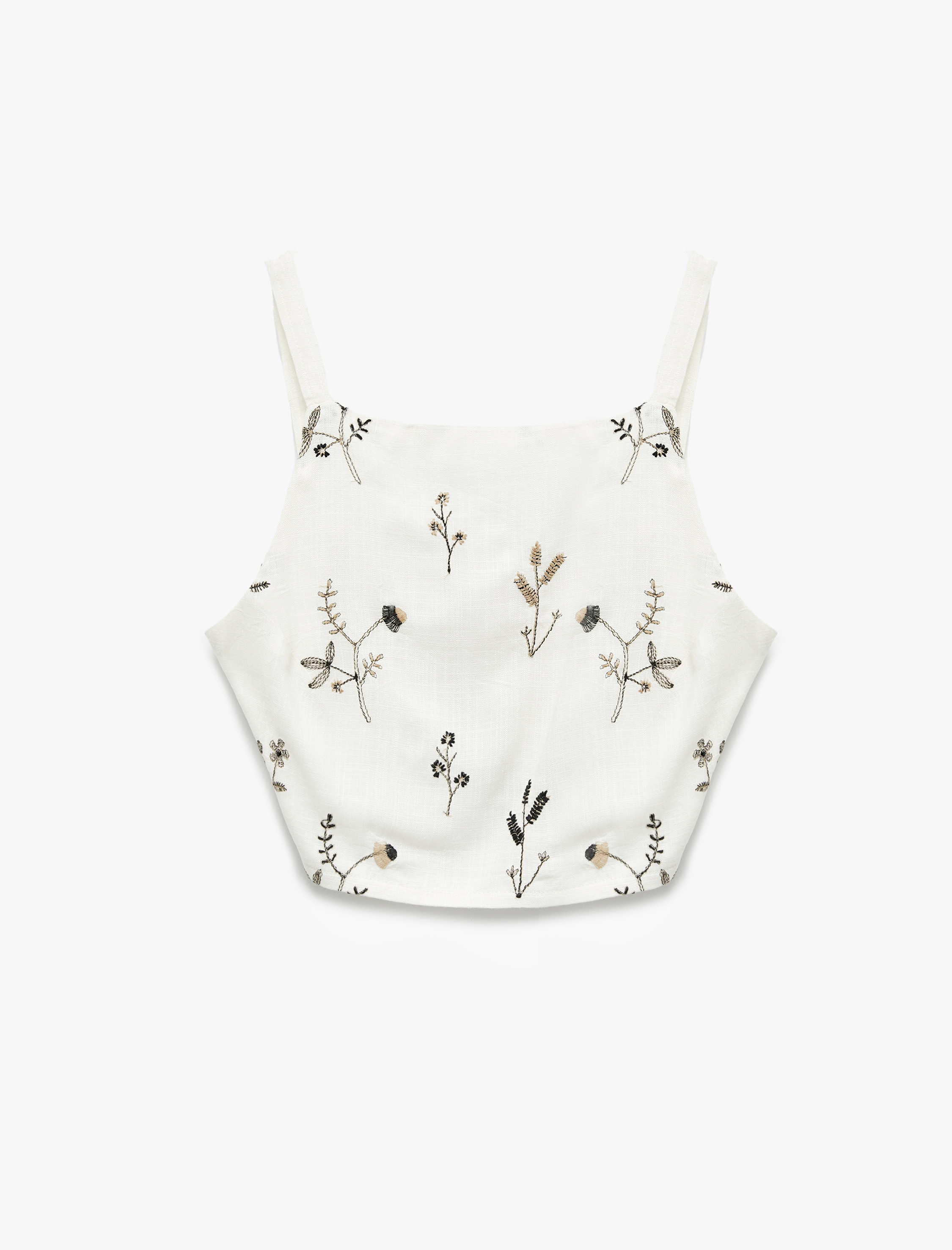   Nakış Detaylı Gipeli Halter Yaka Crop Çiçekli Bluz