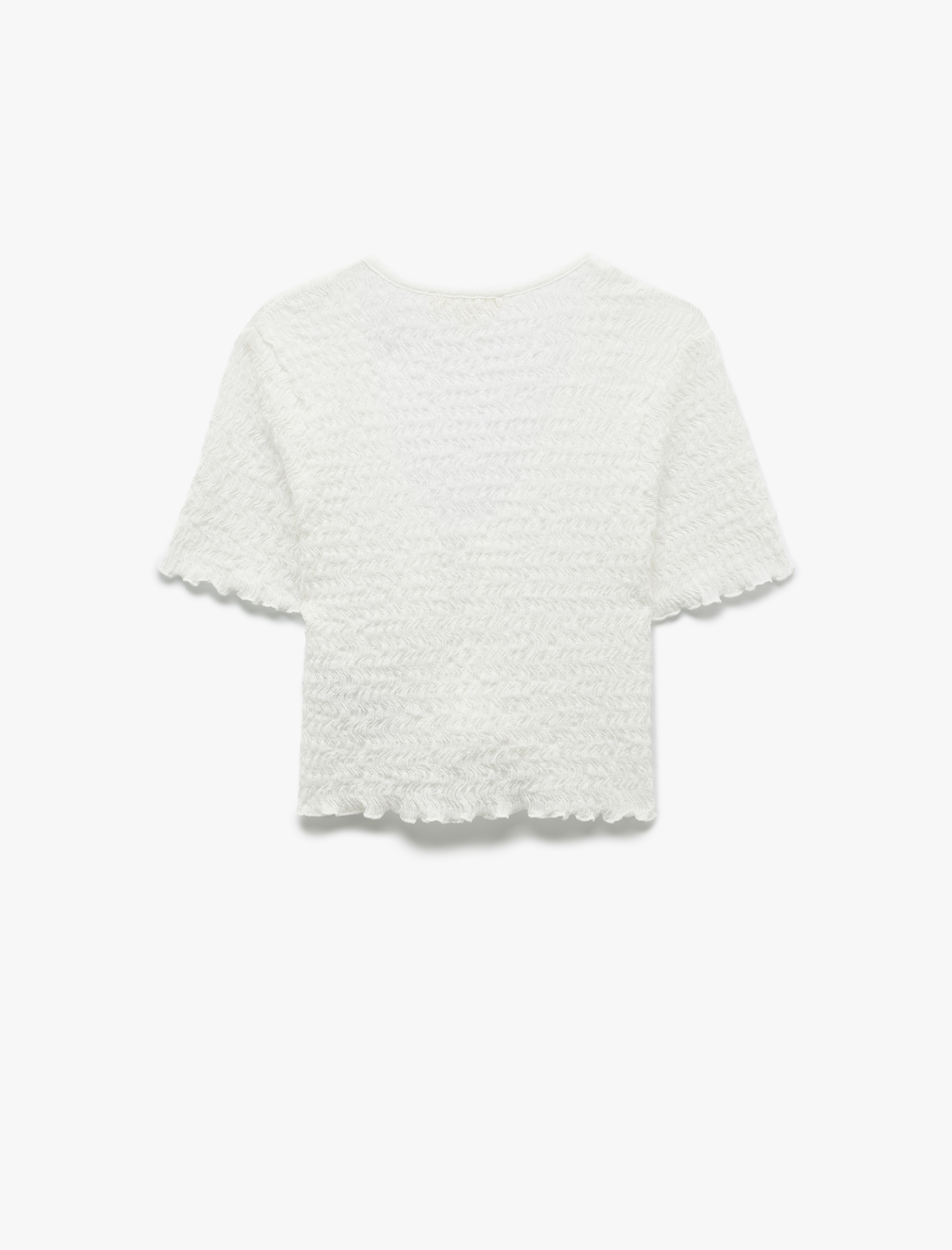   V Yaka Kısa Kollu Önden Bağlamlı Fiyonk Detaylı Dokulu Crop Tişört