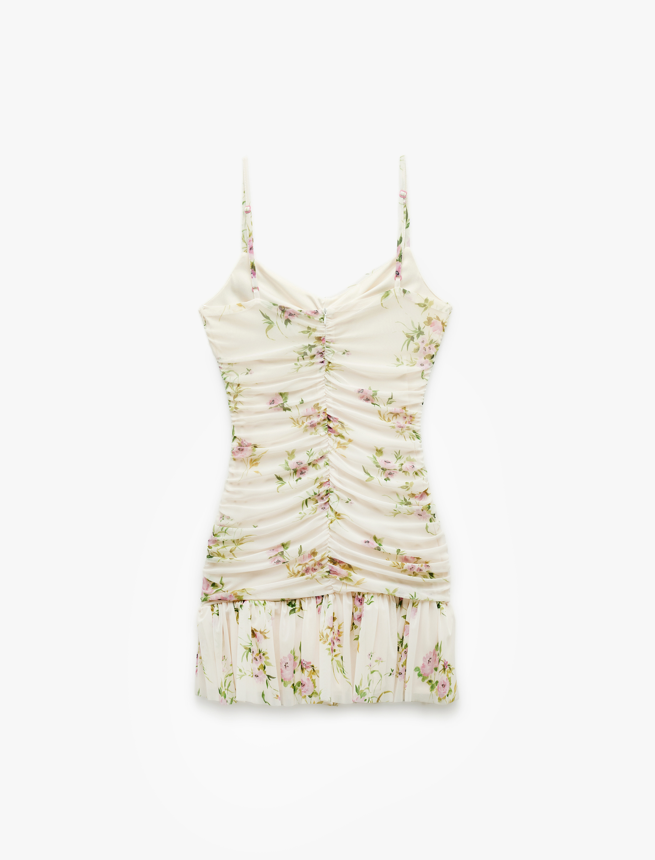   Slim Fit Drapeli İnce Askılı Mini Çiçekli Elbise