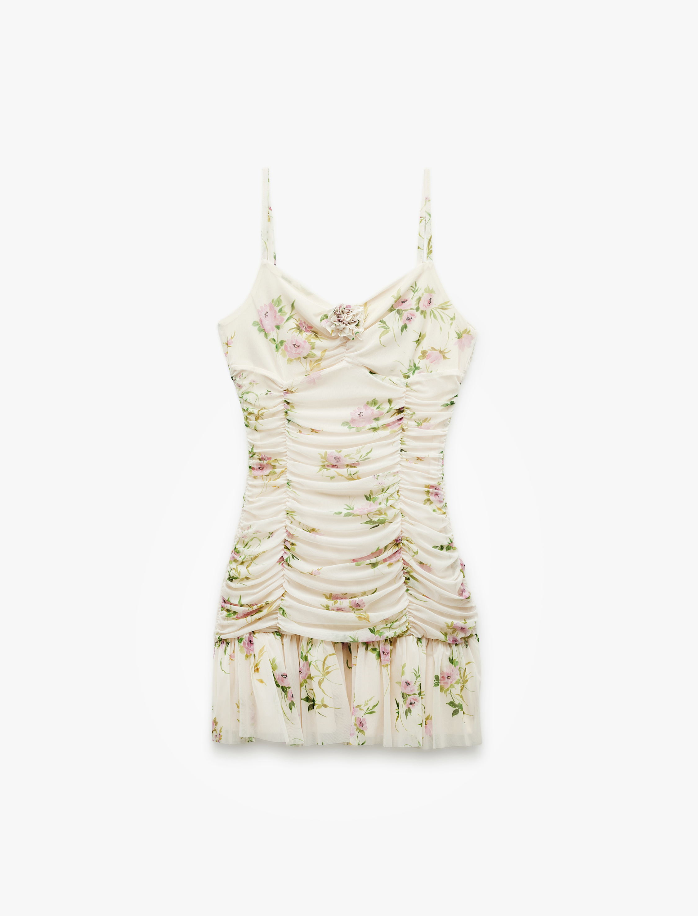   Slim Fit Drapeli İnce Askılı Mini Çiçekli Elbise