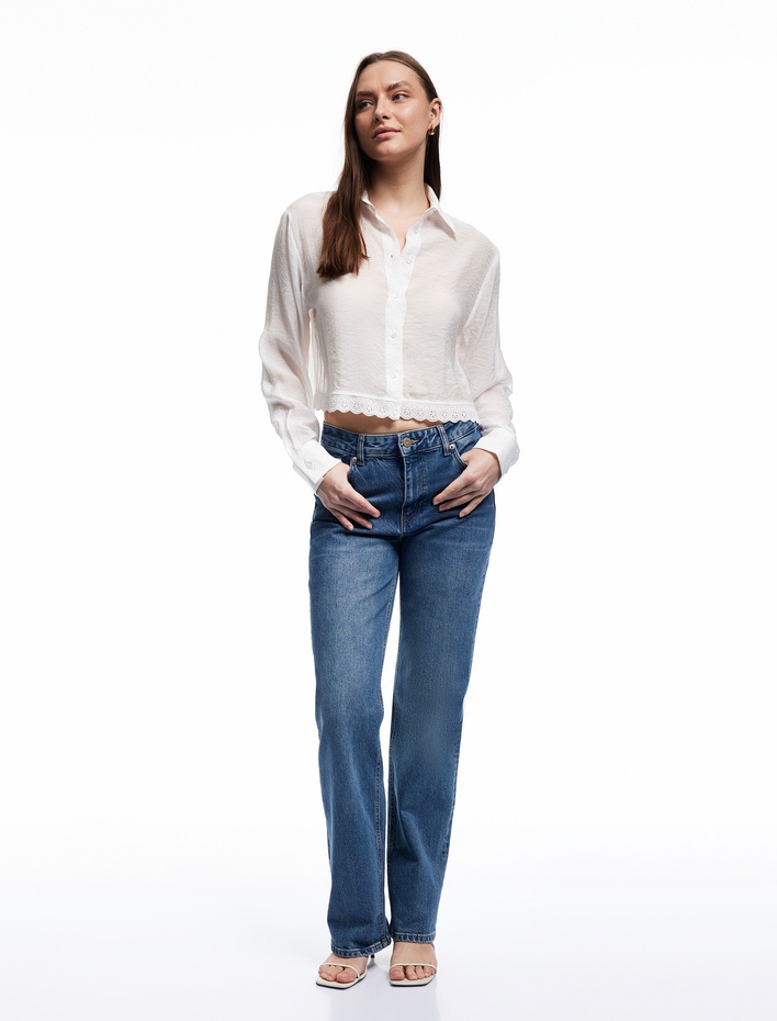  Klasik Yaka Uzun Kollu Etek Ucu Fistolu Brode Detaylı Gömlek