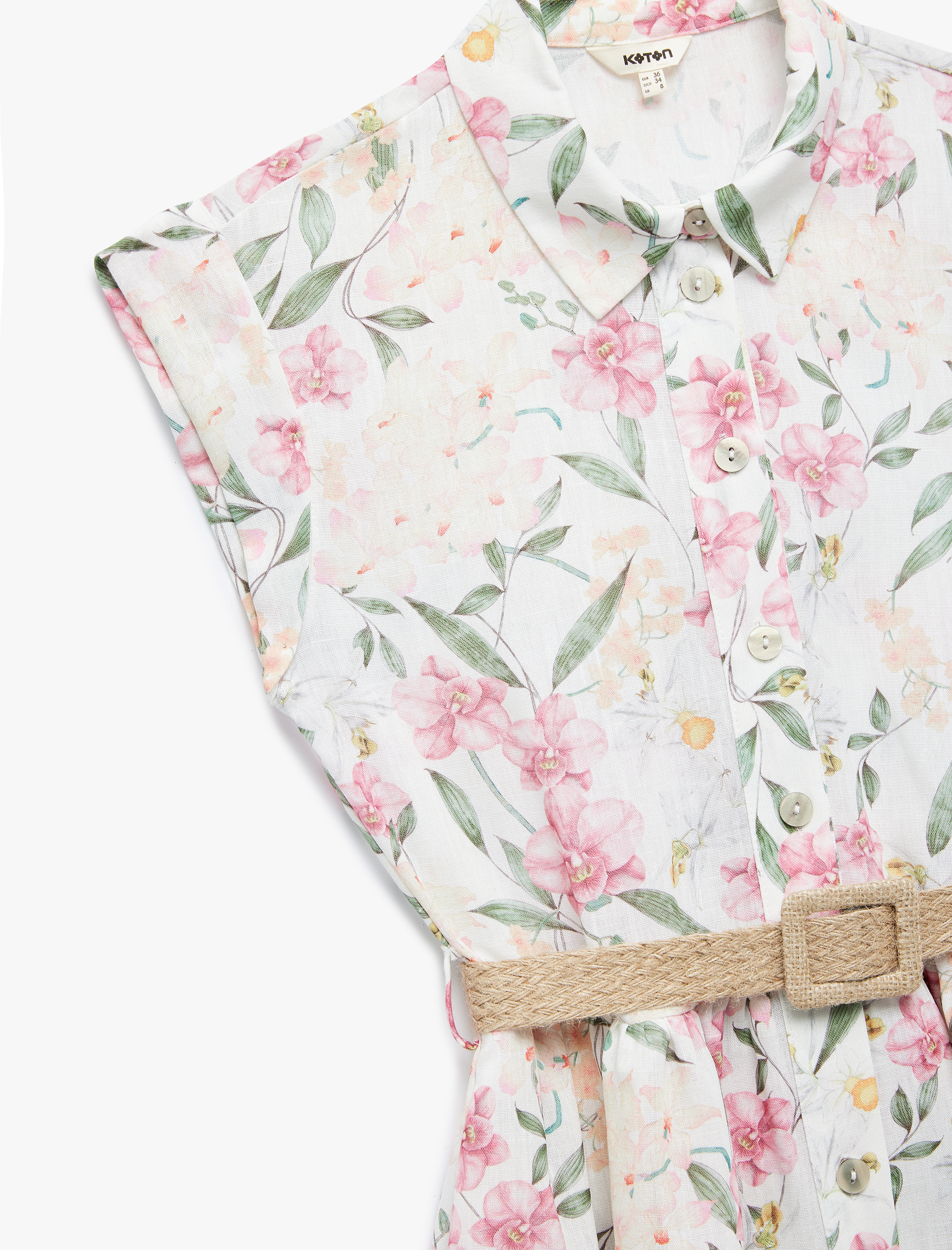   Düğmeli Kap Kollu Hasır Kemer Detaylı Midi Boy Çiçekli Gömlek Elbise