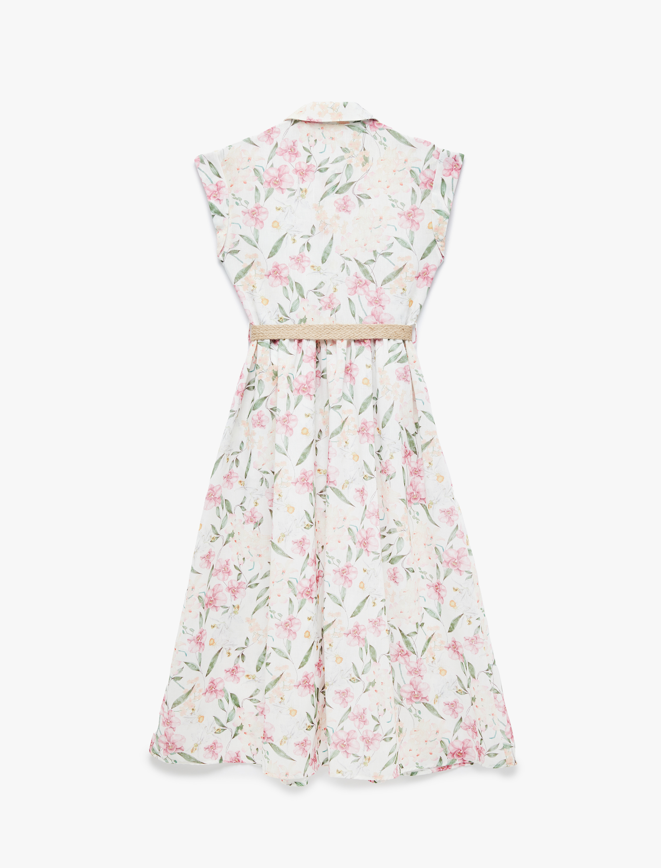   Düğmeli Kap Kollu Hasır Kemer Detaylı Midi Boy Çiçekli Gömlek Elbise