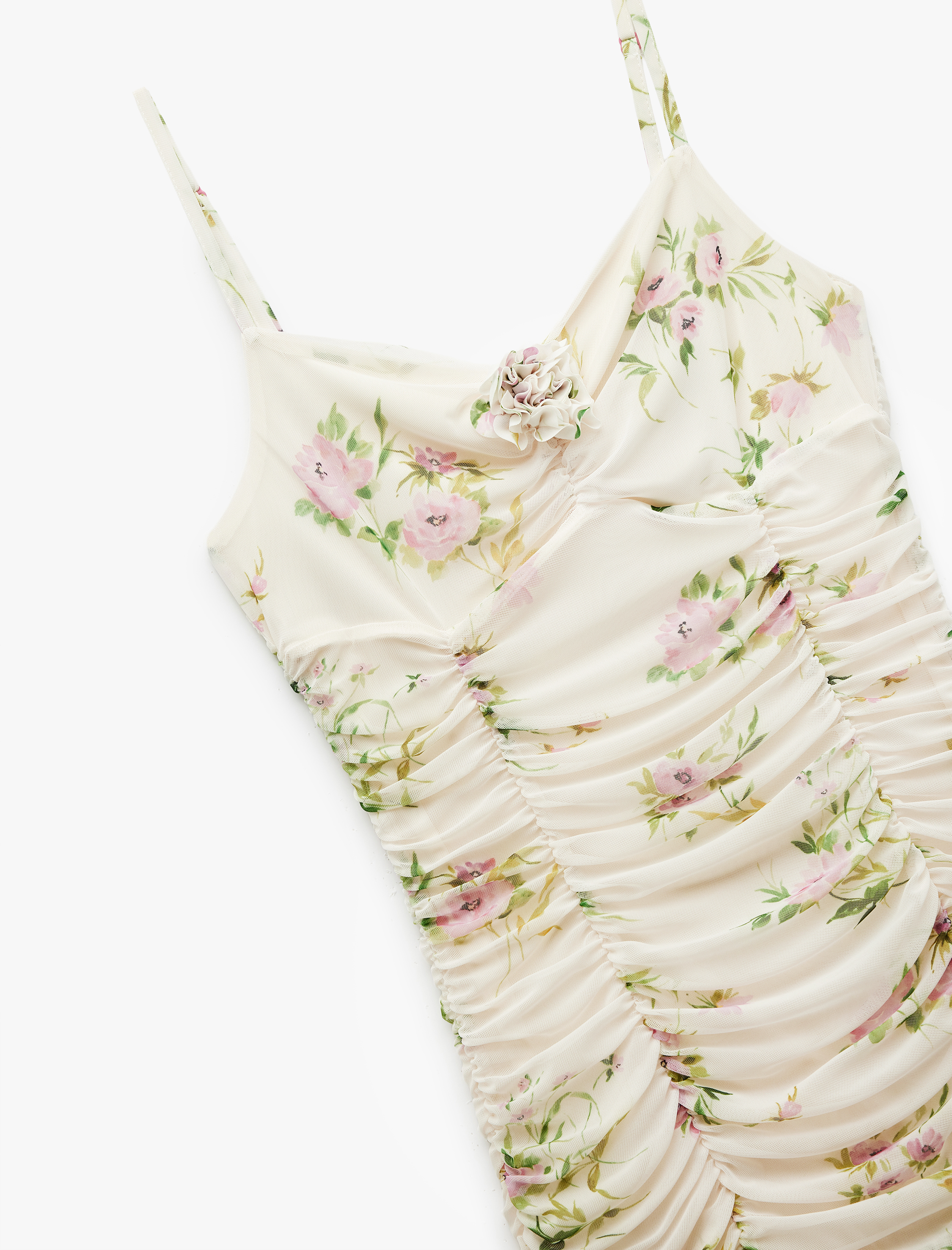   Slim Fit Drapeli İnce Askılı Mini Çiçekli Elbise