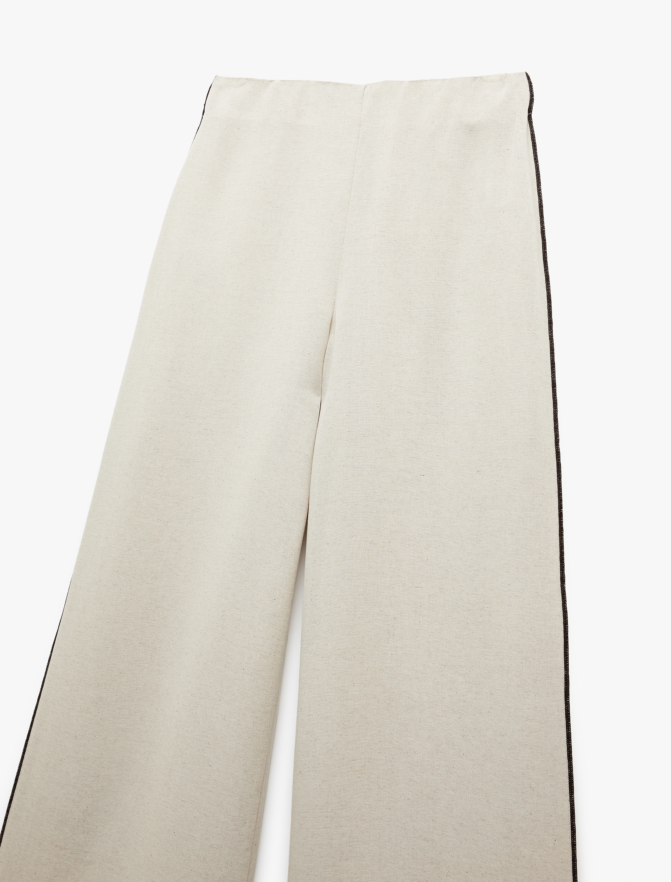   Keten Karışımlı Yanları Çizgili Yırtmaç Detaylı Yüksek Bel Geniş Paça Pantolon