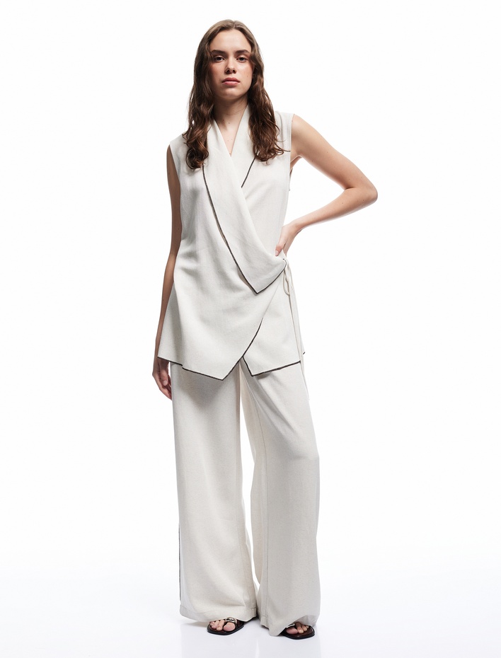  Keten Karışımlı Yanları Çizgili Yırtmaç Detaylı Yüksek Bel Geniş Paça Pantolon