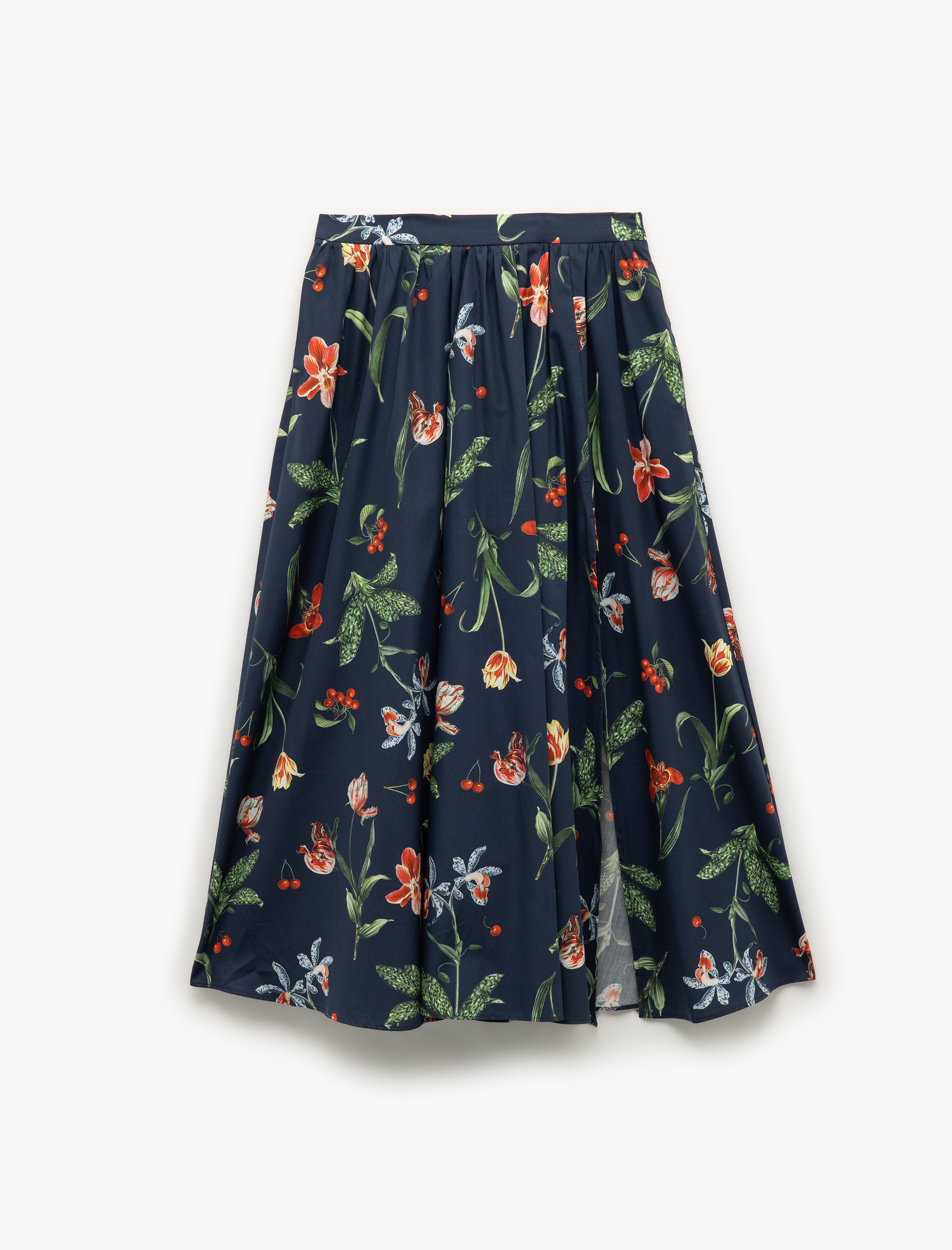   Pamuklu Yırtmaç Detaylı Cepli Pileli Midi Boy Kiraz Baskılı Çiçekli Kloş Etek