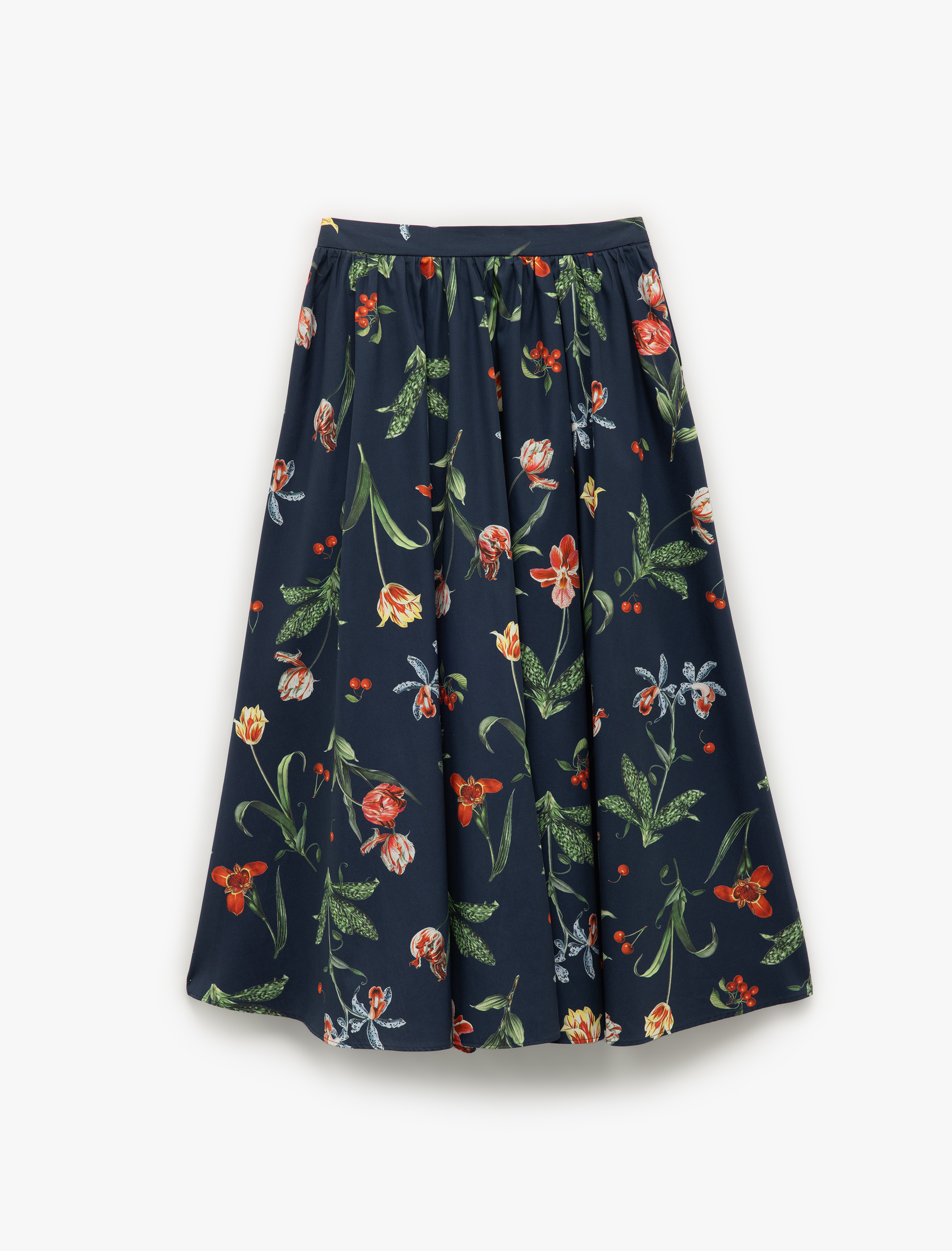   Pamuklu Yırtmaç Detaylı Cepli Pileli Midi Boy Kiraz Baskılı Çiçekli Kloş Etek