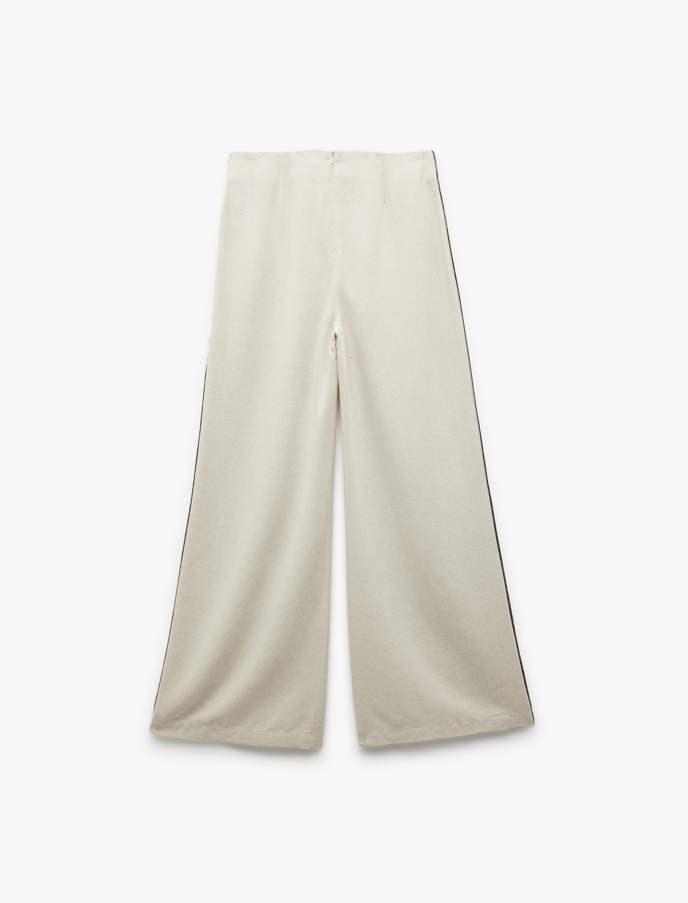   Keten Karışımlı Yanları Çizgili Yırtmaç Detaylı Yüksek Bel Geniş Paça Pantolon