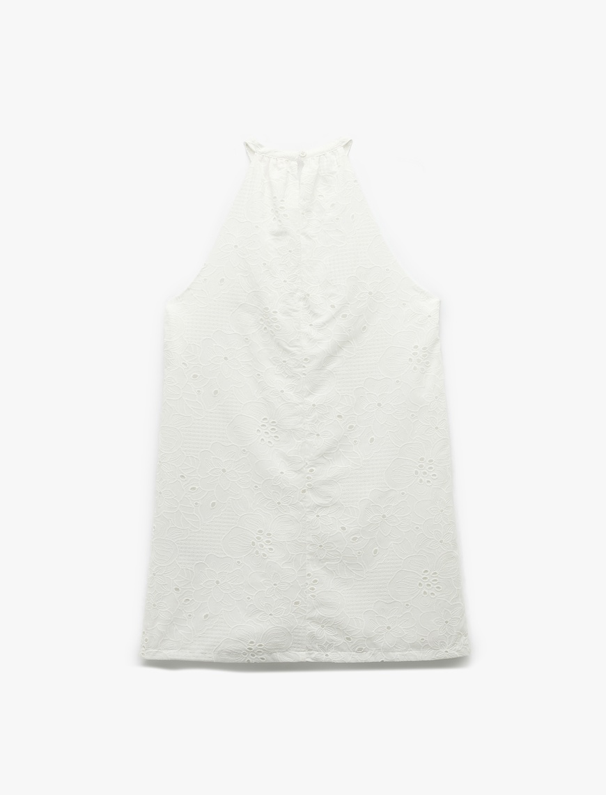   Pamuklu Kolsuz Brodeli Fistolu Çiçekli Halter Yaka Mini Elbise
