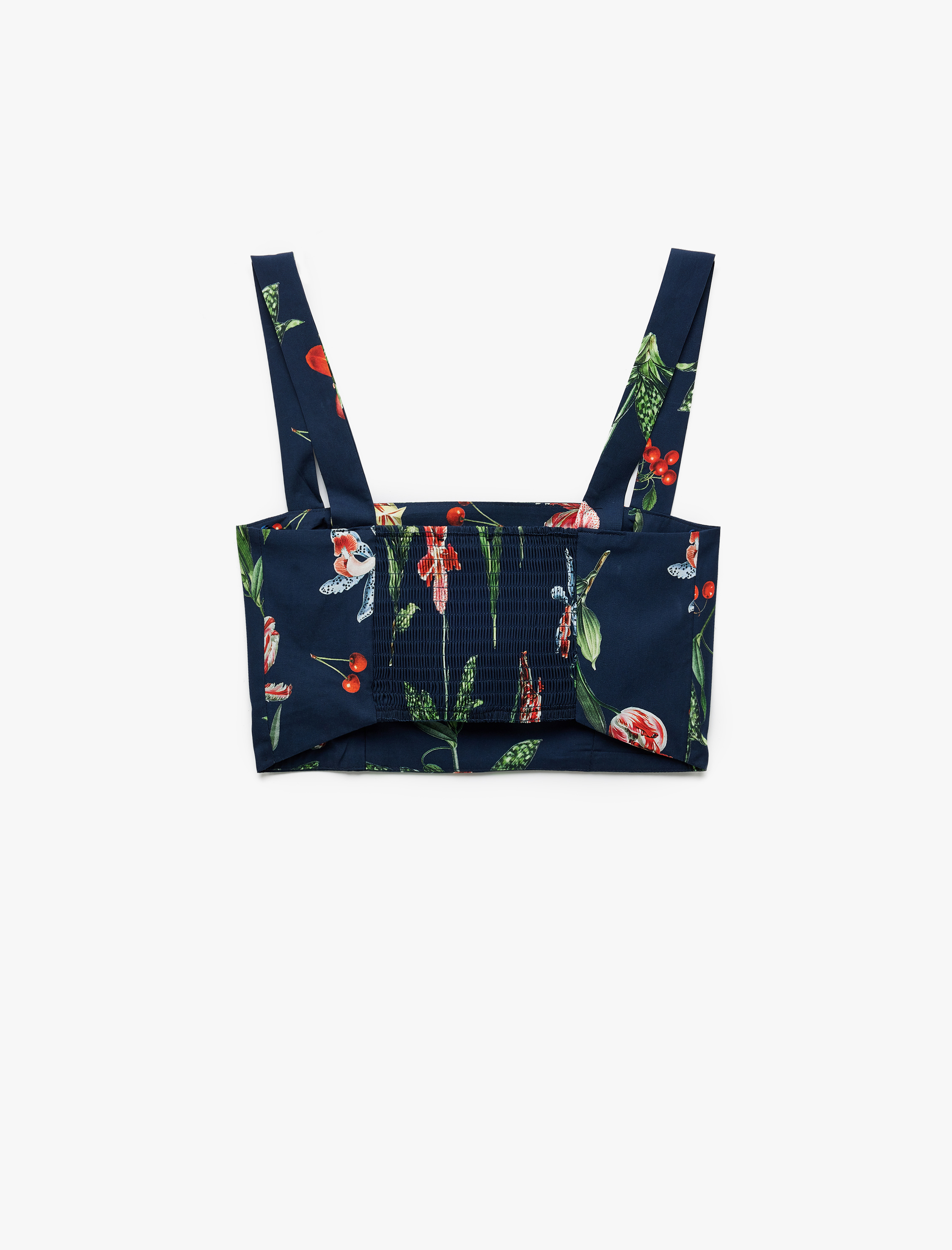   Pamuklu Poplin Kumaş Slim Fit Kare Yaka Askılı Kiraz Baskılı Çiçekli Crop Büstiyer