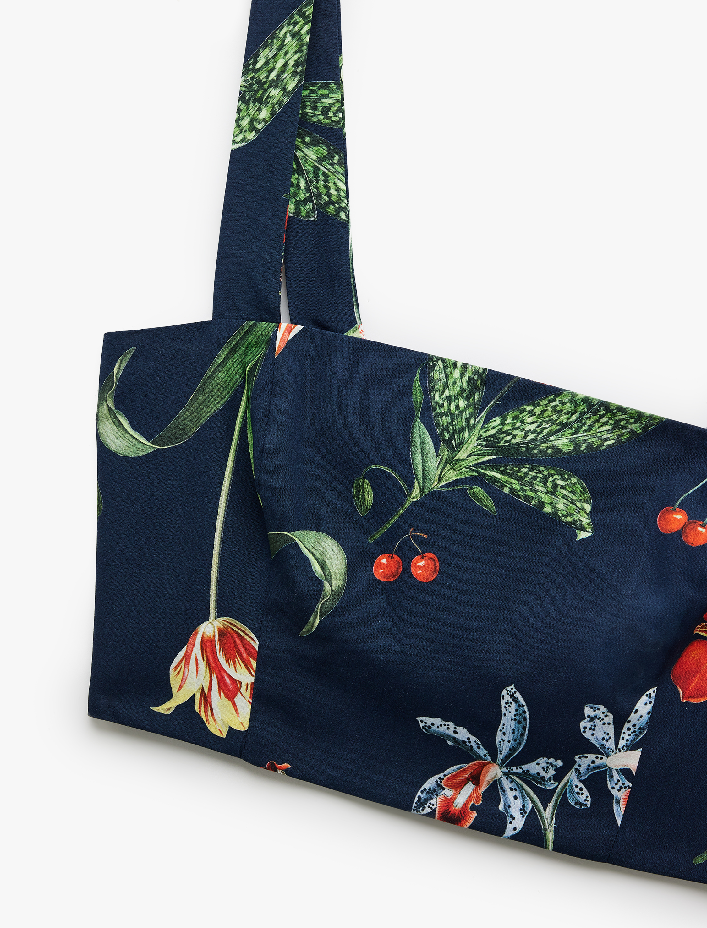   Pamuklu Poplin Kumaş Slim Fit Kare Yaka Askılı Kiraz Baskılı Çiçekli Crop Büstiyer