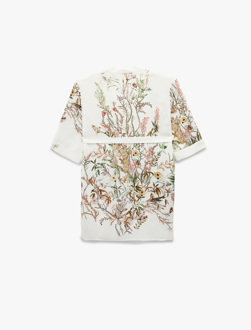   Viskon Kumaş Kuşak Detaylı 3/4 Geniş Kollu Çiçekli Kimono Ceket