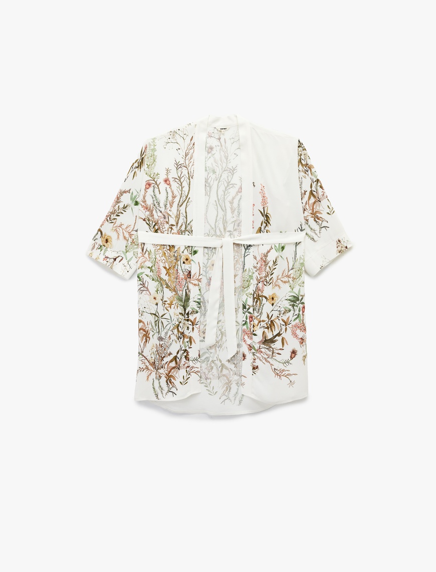   Viskon Kumaş Kuşak Detaylı 3/4 Geniş Kollu Çiçekli Kimono Ceket