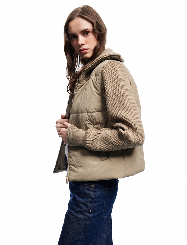  Dik Yaka Uzun Kollu Cepli Fermuarlı Su İtici Anorak Şişme Crop Ceket