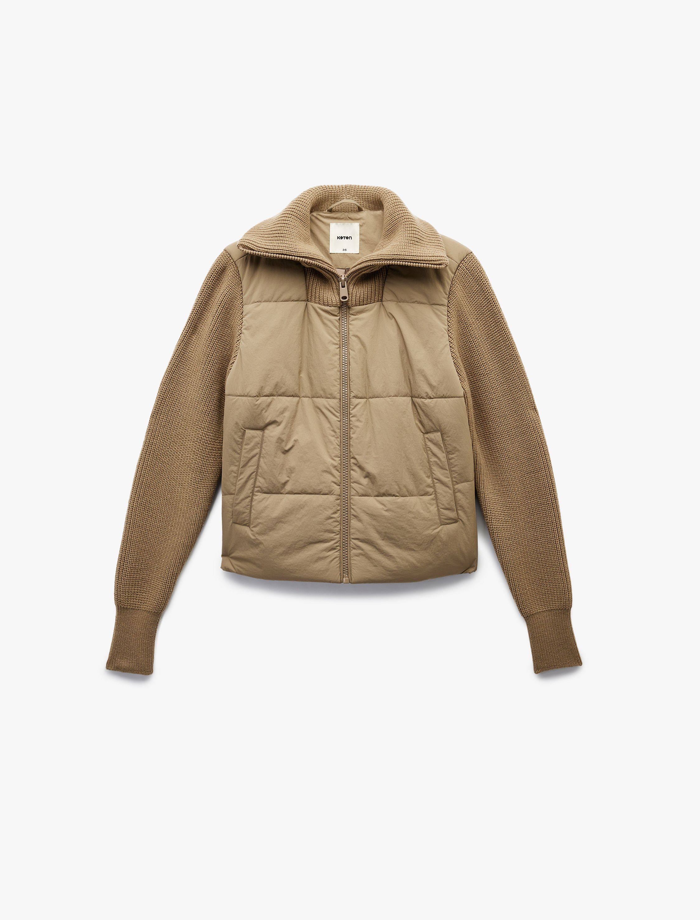   Dik Yaka Uzun Kollu Cepli Fermuarlı Su İtici Anorak Şişme Crop Ceket